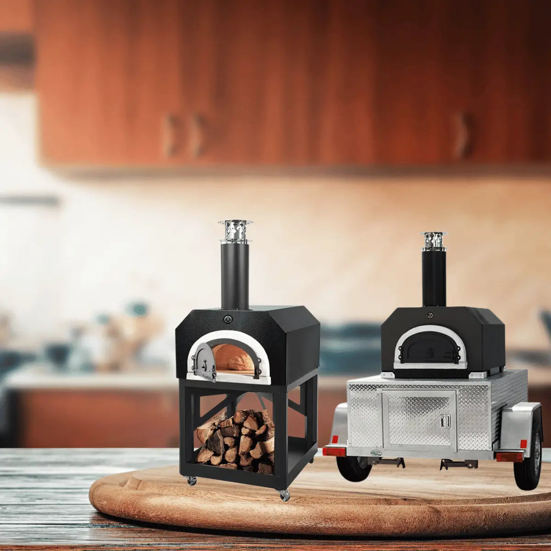 Chicago Brick Oven mobile pizza ovens with freestanding wood storage unit and trailer-mounted outdoor oven in a modern kitchen setting.