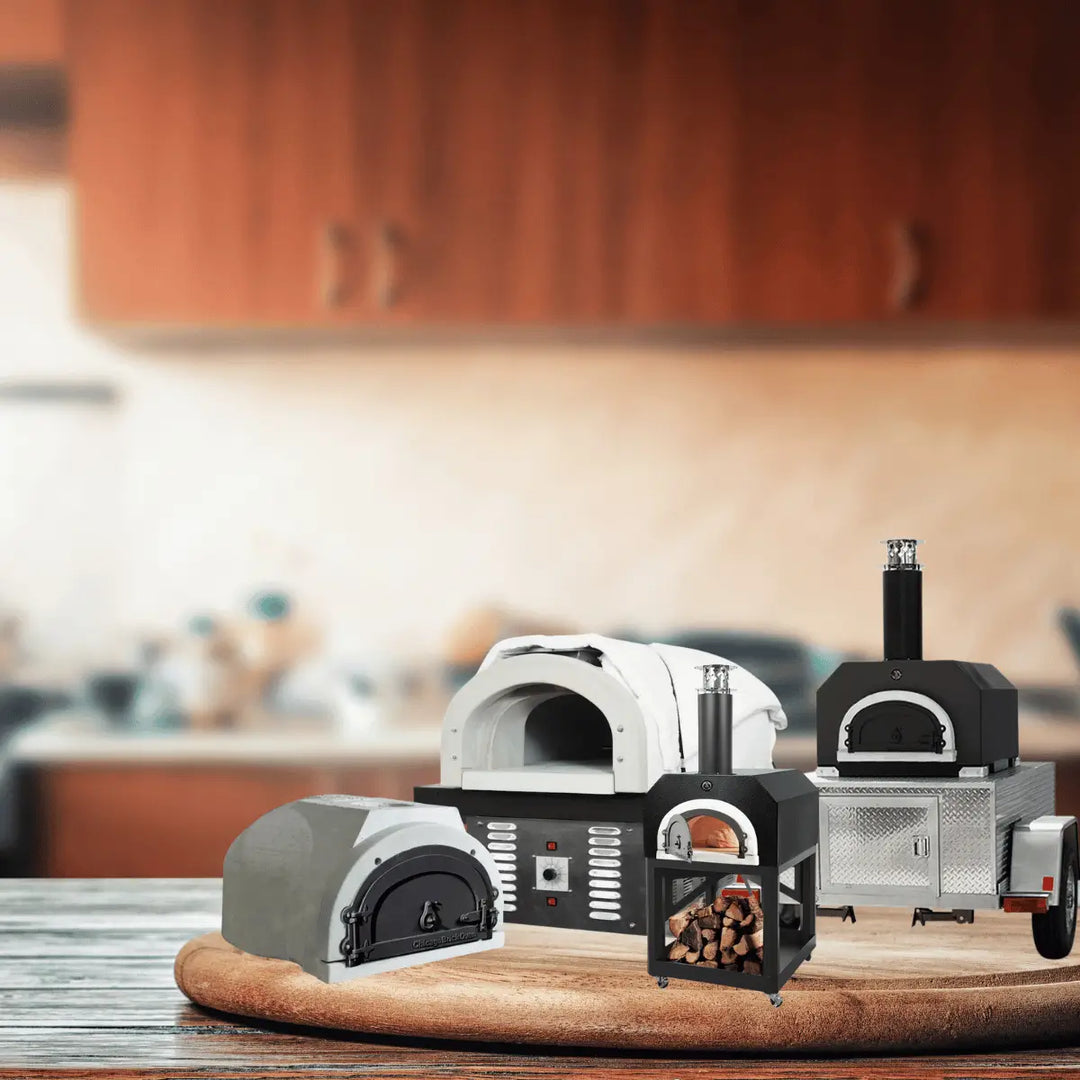 Chicago Brick Oven pizza ovens collection with wood-fired countertop, built-in, and freestanding outdoor ovens in a warm kitchen setting.