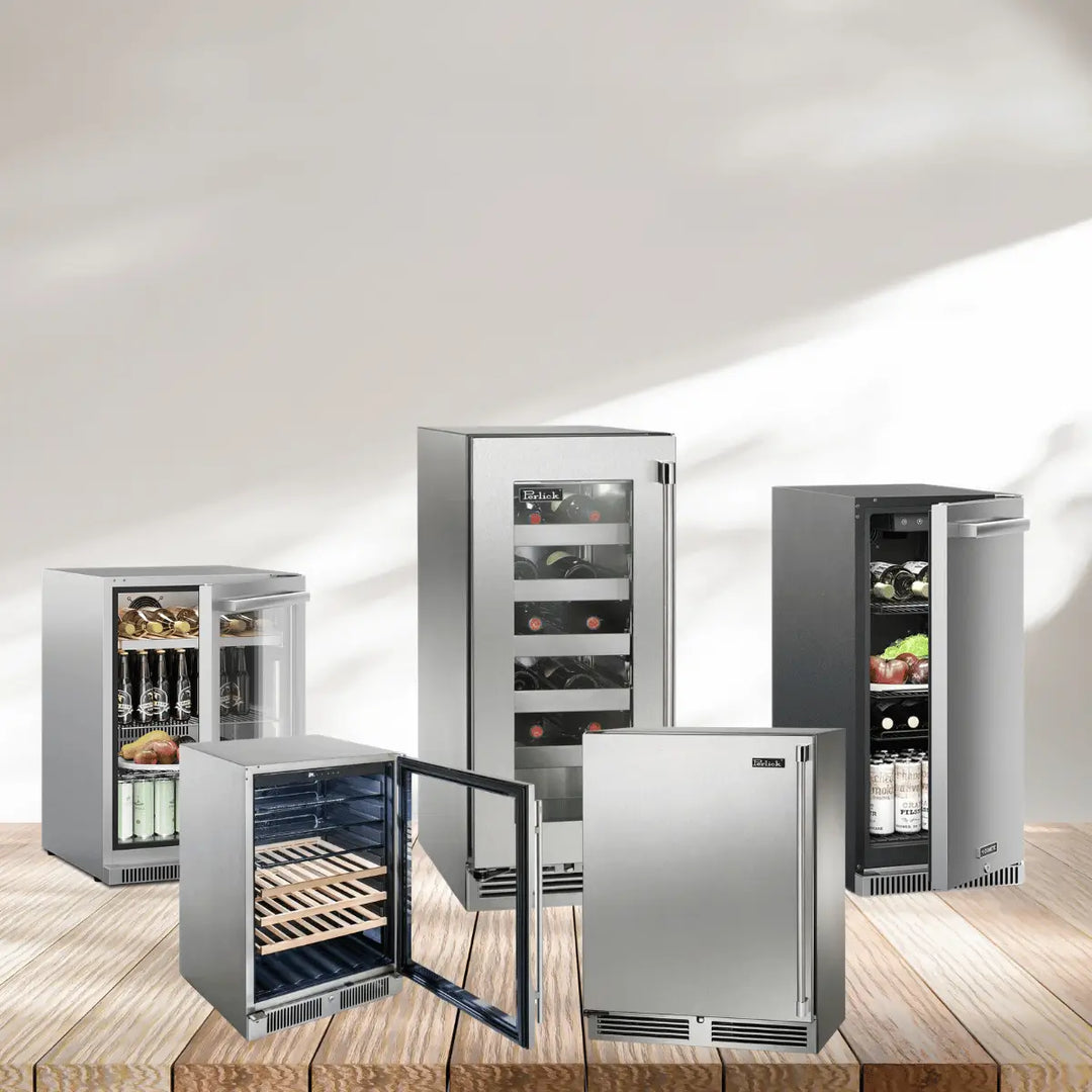 Cold storage collection with beverage coolers, wine refrigerators, and stainless steel undercounter fridges displaying drinks and fresh food.