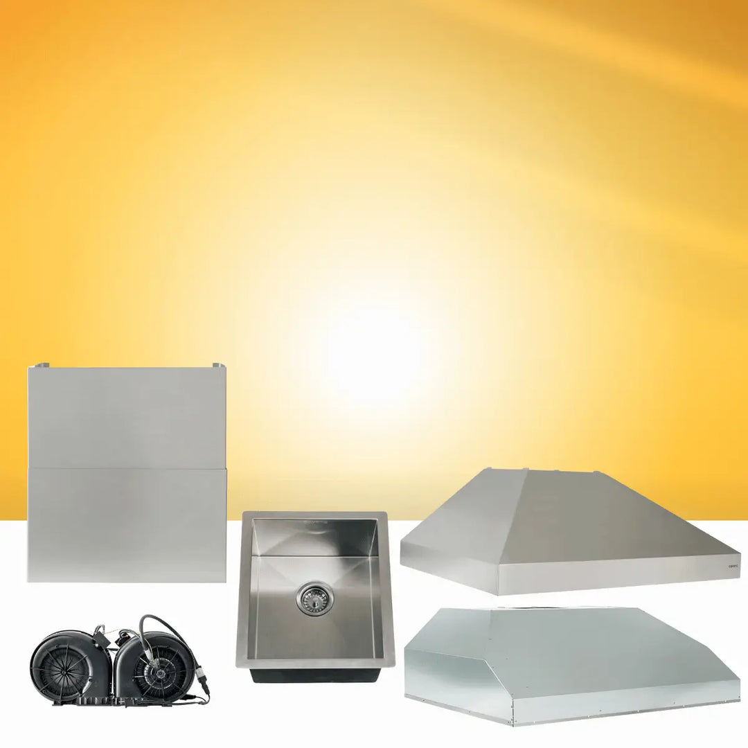 Coyote Outdoor Living BBQ island components collection with sink, access doors, vent hood, and blower units for custom outdoor kitchen setups.