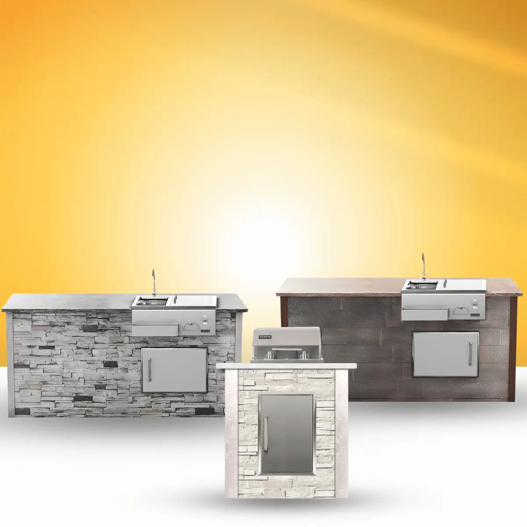 Coyote Outdoor Living BBQ islands collection with built-in grills, sink, and storage doors in stone and concrete finishes for outdoor kitchens.