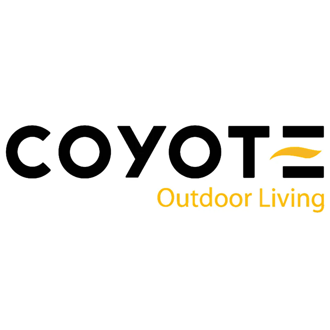 Coyote Outdoor Living logo with bold black text and yellow flame accent, representing premium outdoor kitchen and grill products.
