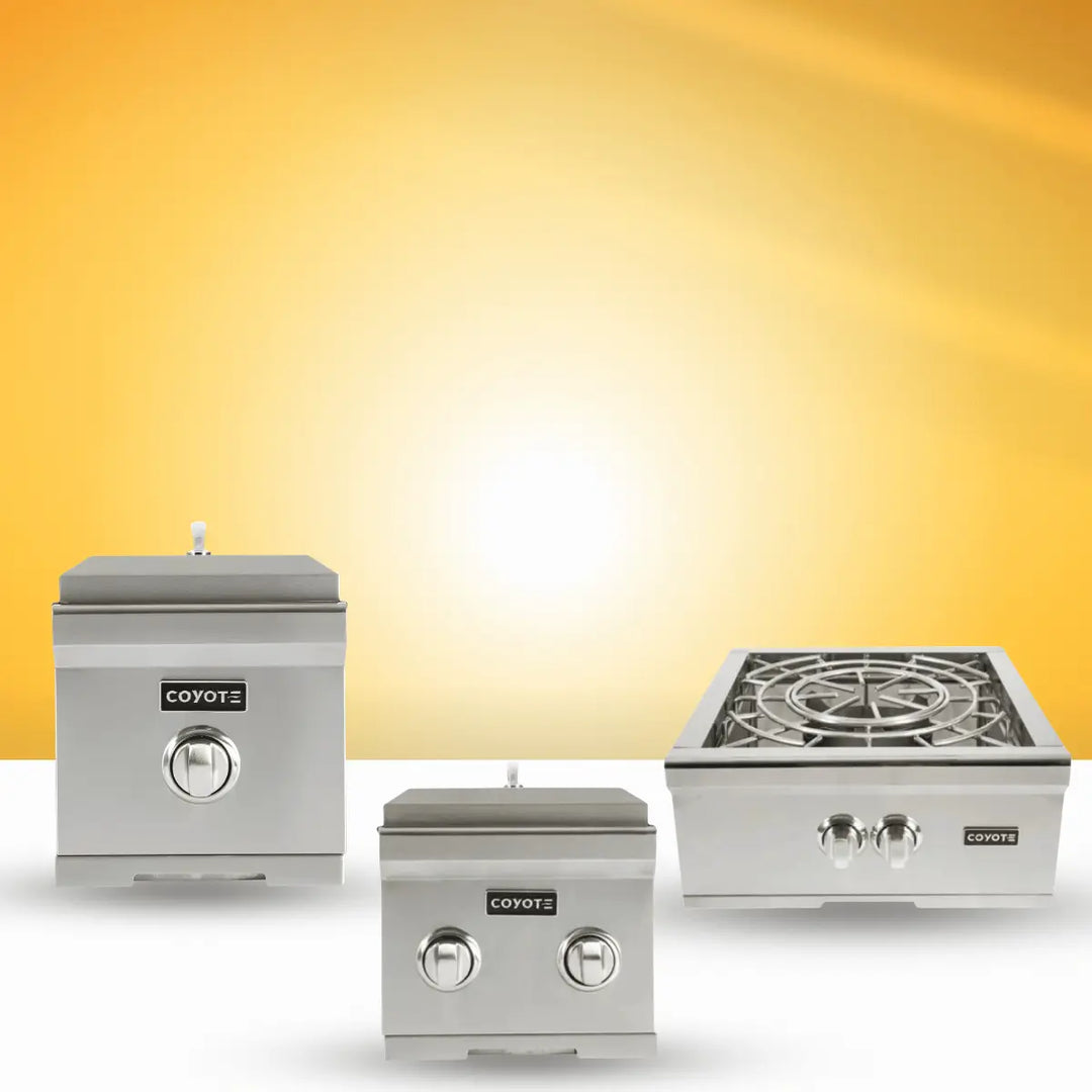 Coyote Outdoor Living grill burners collection with stainless steel single, double, and power burners for outdoor kitchens.