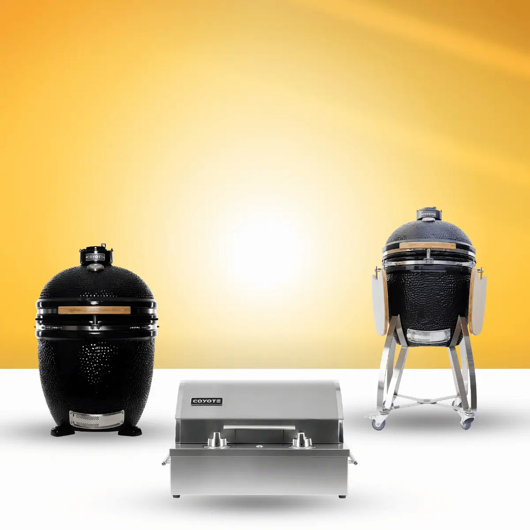 Coyote Outdoor Living grills collection featuring ceramic kamado and stainless steel built-in grills for versatile outdoor cooking solutions.