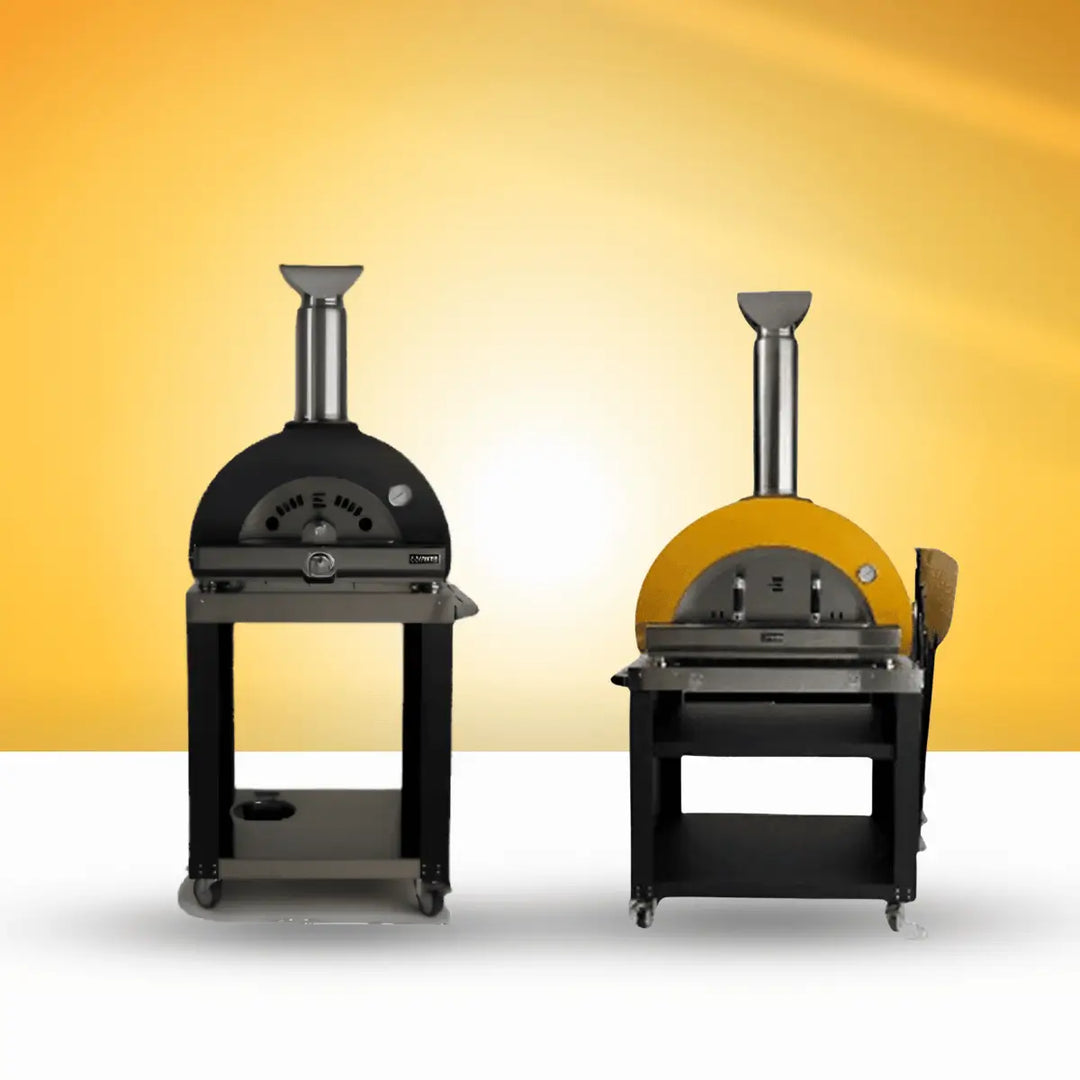 Coyote Outdoor Living pizza ovens accessories collection with carts, featuring black and yellow dome designs, chimneys, and outdoor cooking accessories.