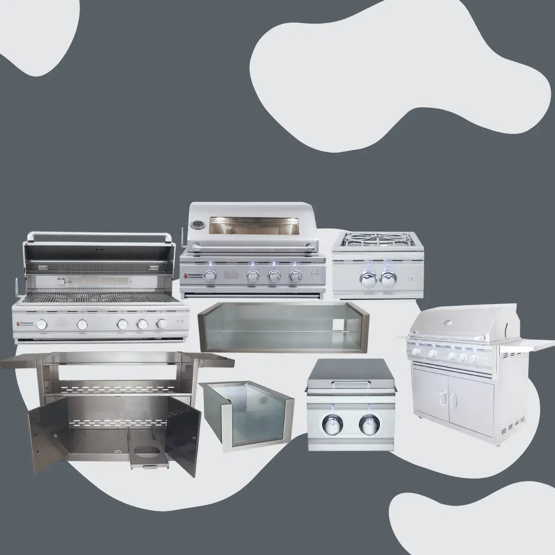 Renaissance Cooking Systems Cutlass Pro Series collection featuring stainless steel grills, side burners, grill carts, insulated jackets, and outdoor kitchen components designed for premium backyard cooking setups.