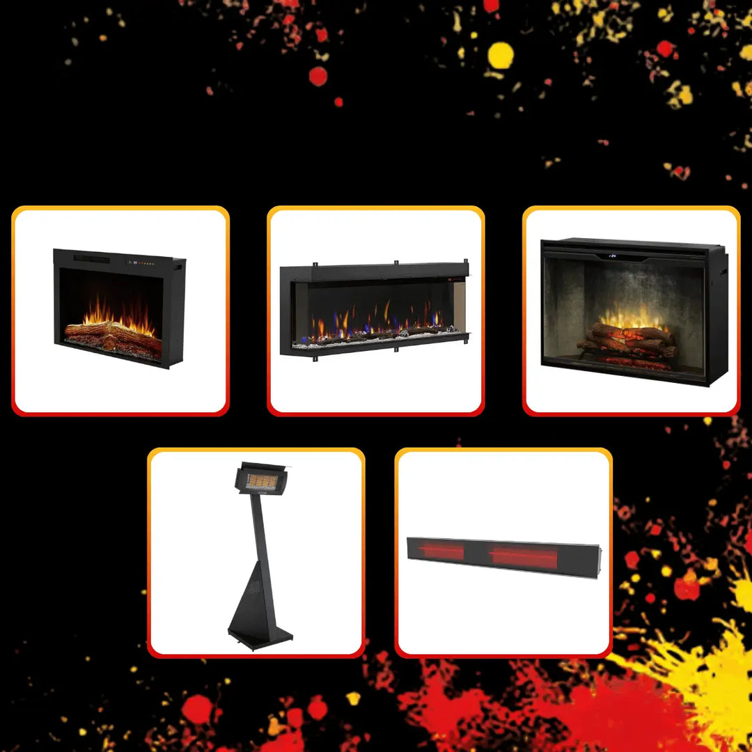 Dimplex Black Friday sale collection featuring electric fireplaces, fireboxes, and outdoor heating solutions.