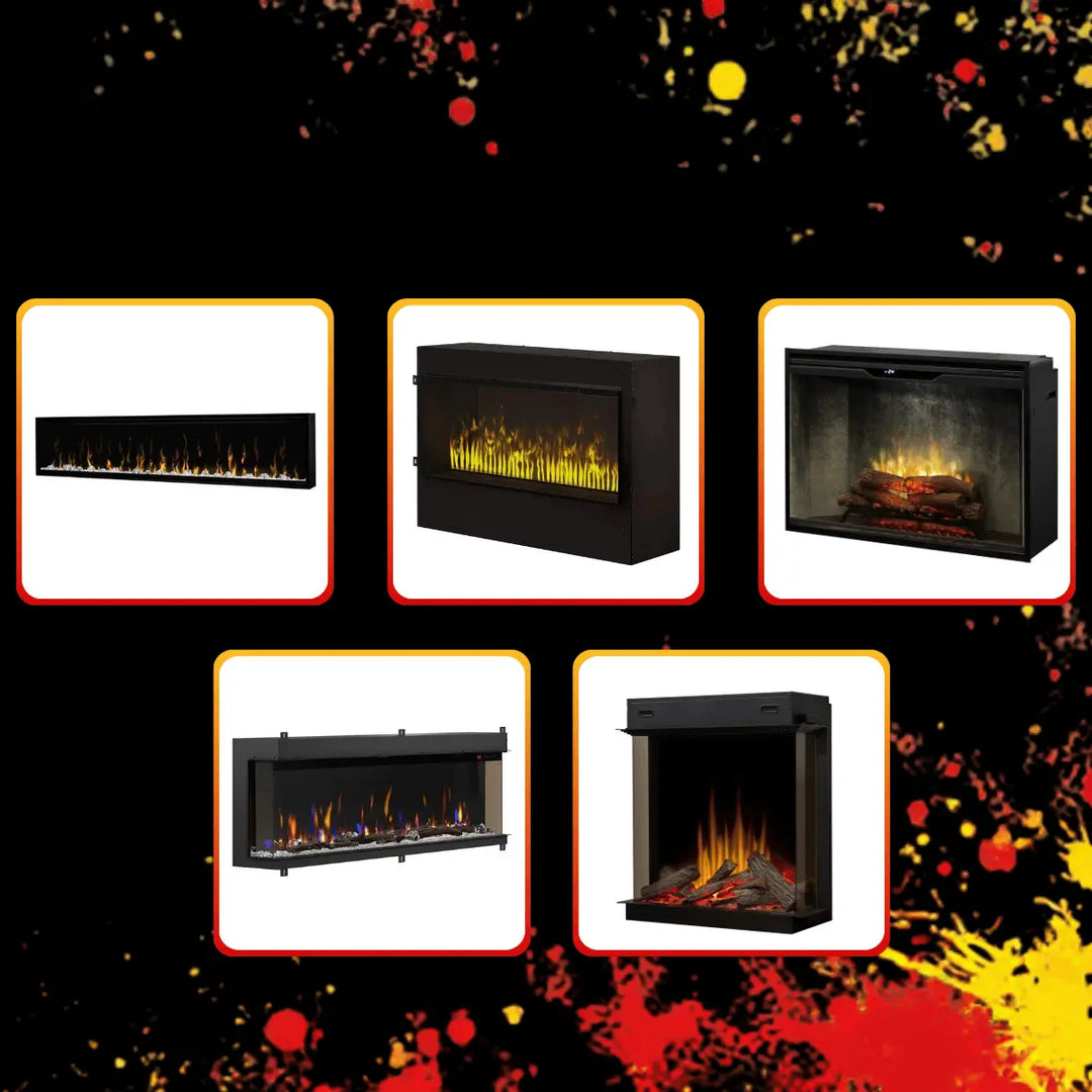 Dimplex Black Friday collection featuring modern electric fireplaces, fireboxes, and linear flame displays.