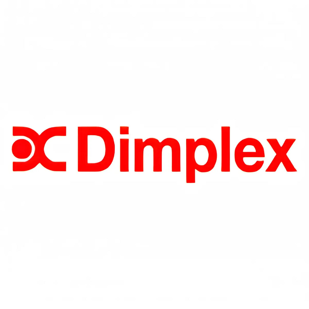 Dimplex logo displayed in bold red typography on a clean gray background for electric fireplace branding.