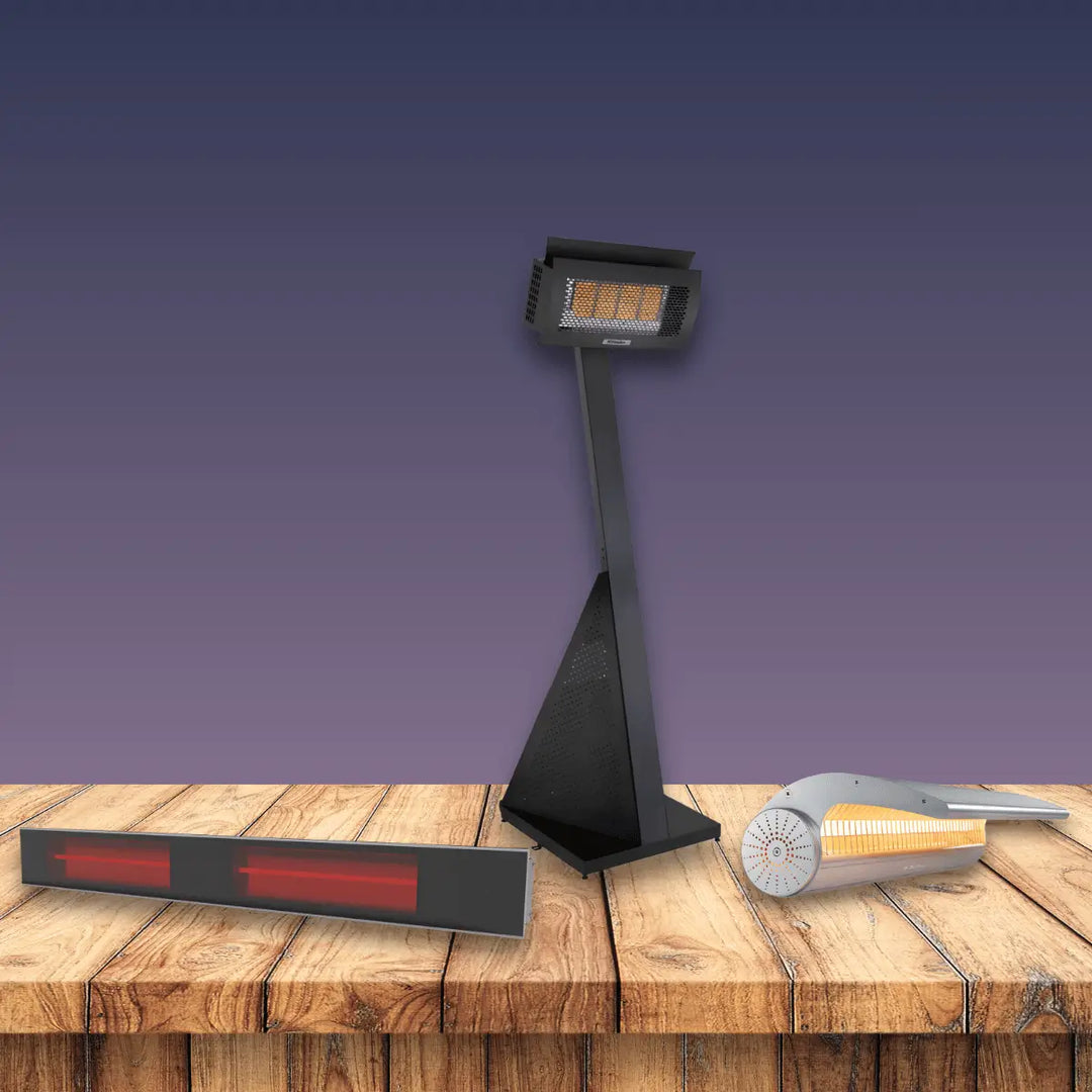 Dimplex electric outdoor heater collection featuring freestanding and wall-mounted patio heating solutions.