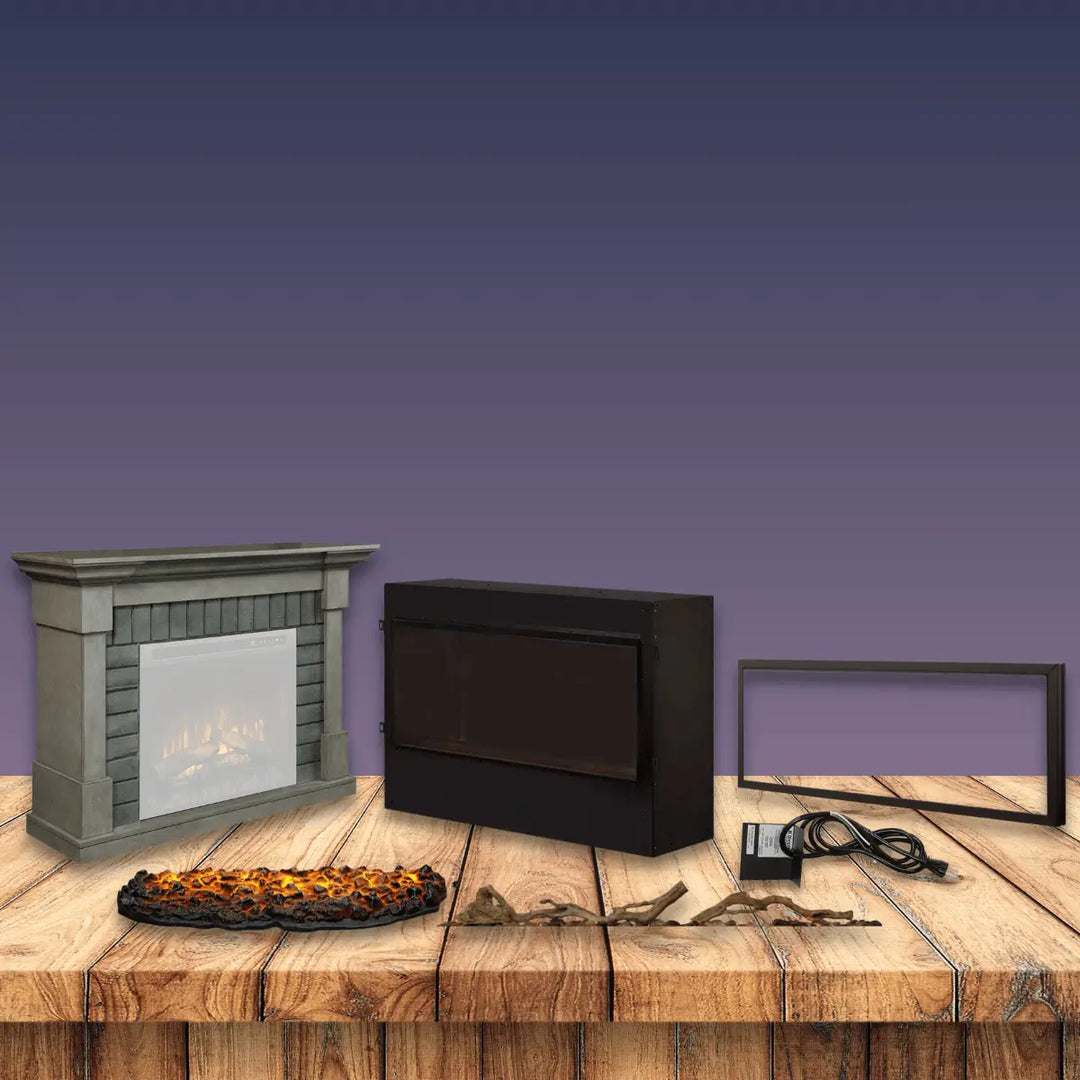 Dimplex fireplace accessories collection with trims, ember bed inserts, decorative logs, and mantel components.