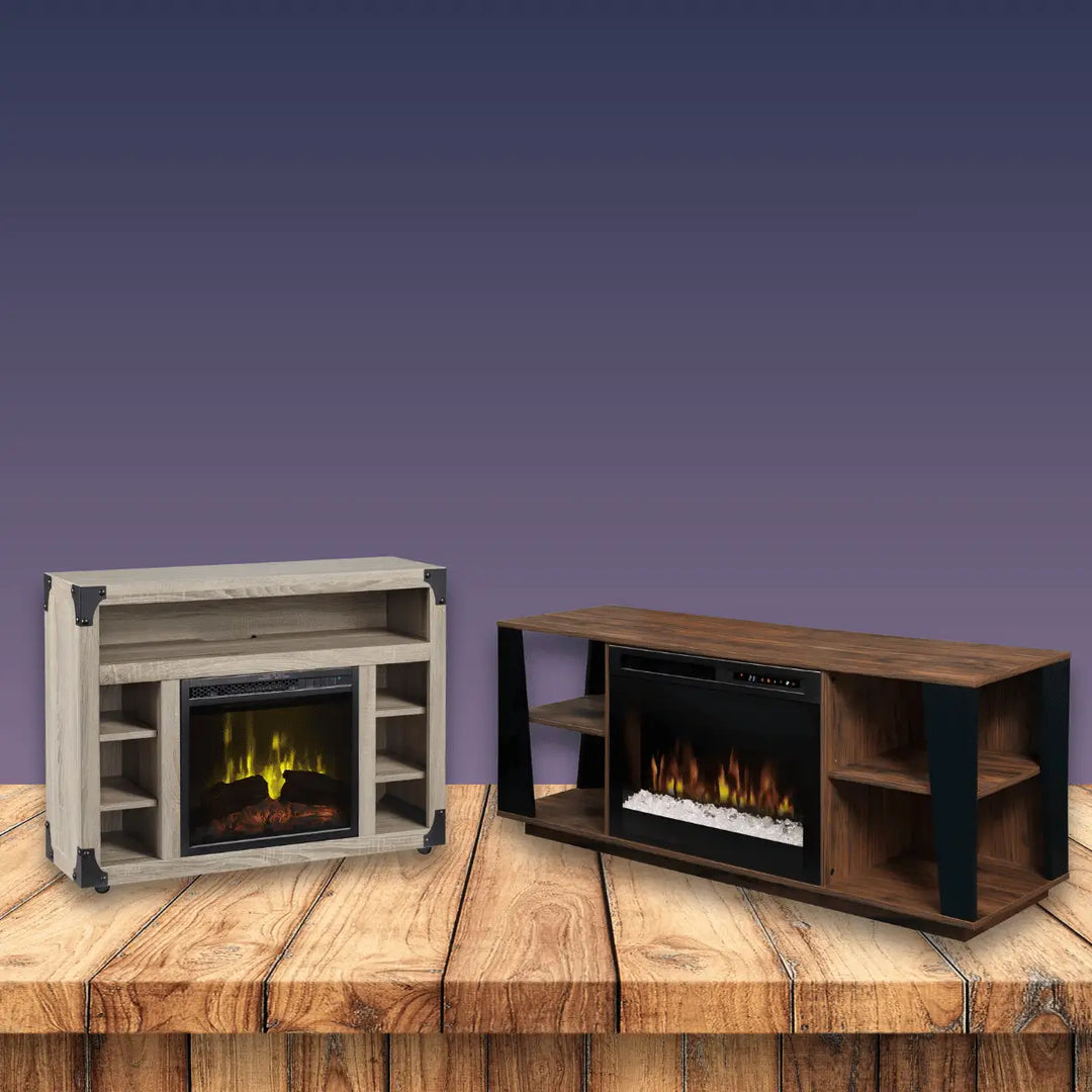 Dimplex fireplace TV stand collection with modern wood media consoles and realistic electric flame displays.