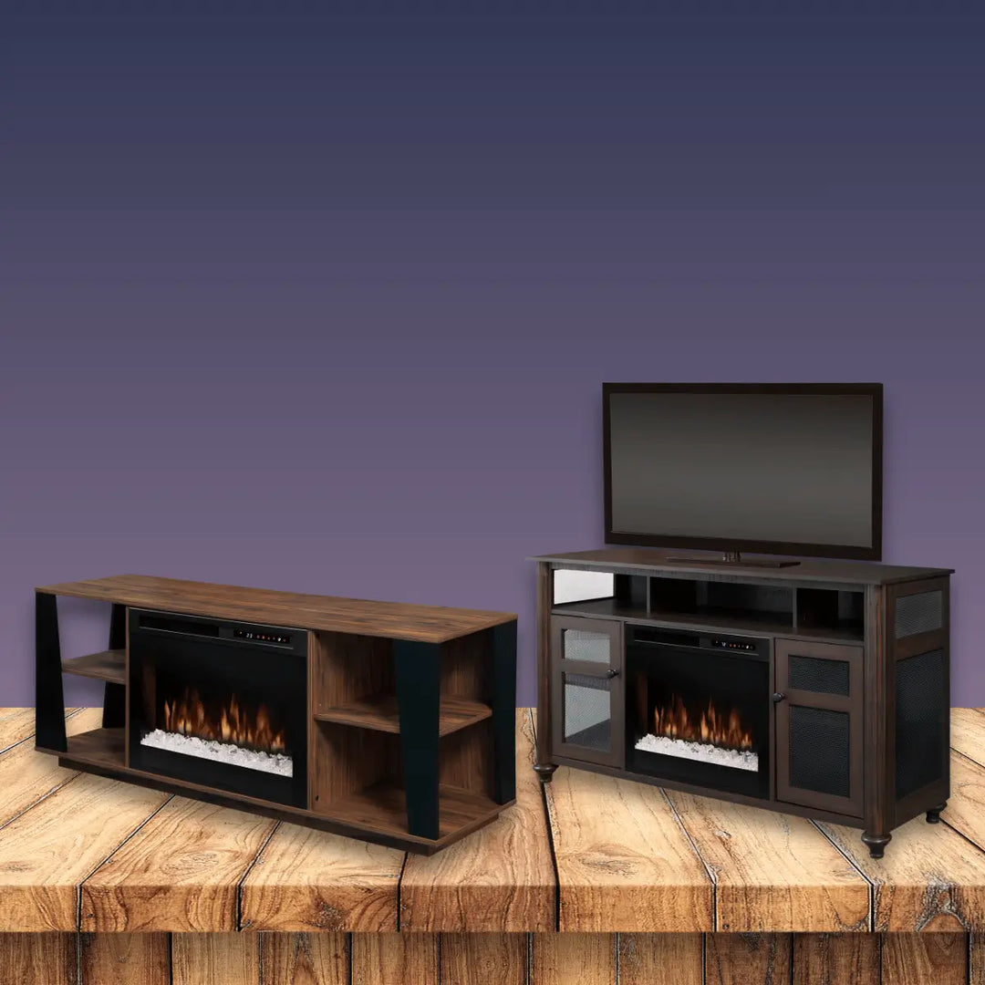 Dimplex freestanding fireplace collection with media consoles, wood finishes, and realistic electric flames.