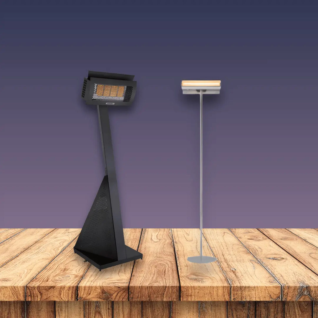 Dimplex heater collection featuring modern freestanding electric patio heaters with sleek indoor and outdoor designs.
