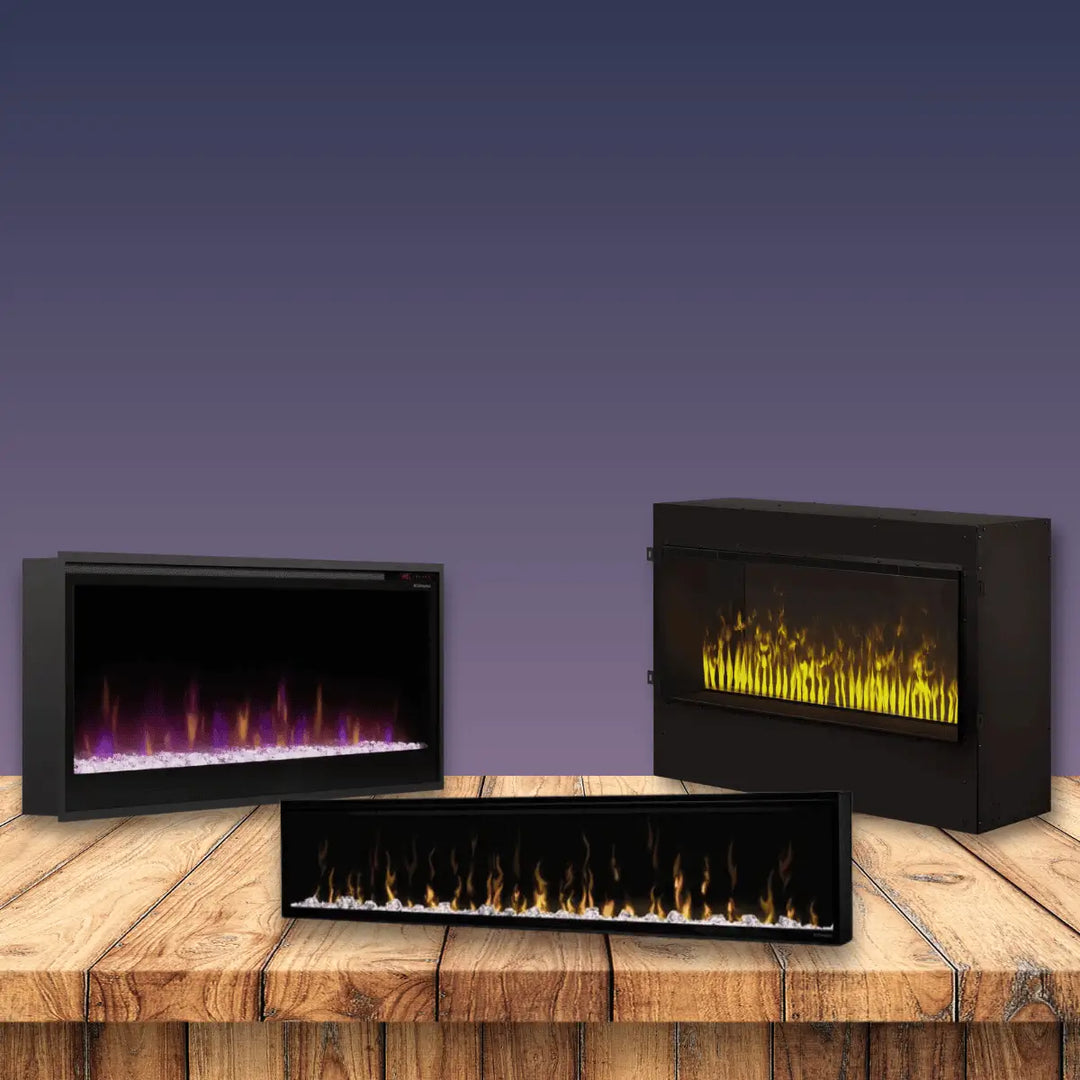 Dimplex linear electric fireplace collection with modern built-in designs and vibrant LED flame effects.