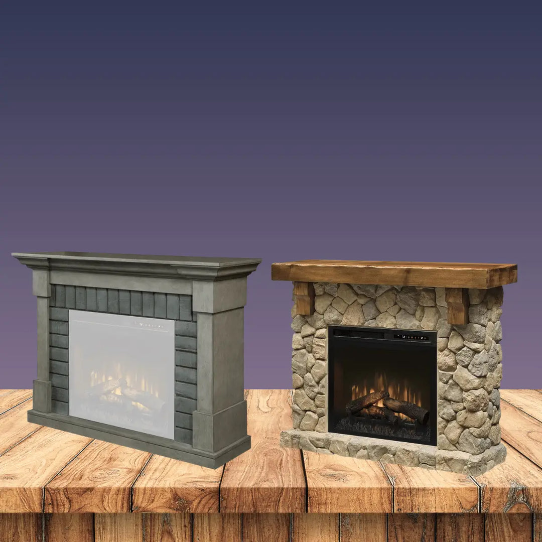 Dimplex mantel electric fireplace collection with modern and rustic designs featuring realistic built-in firebox flames.