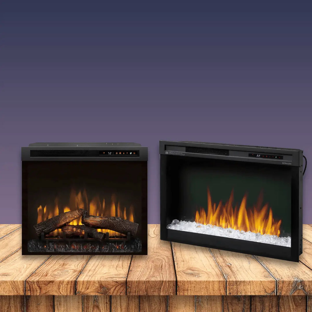 Dimplex Multi-Fire firebox collection with realistic flames, glowing ember beds, and modern electric fireplace designs.