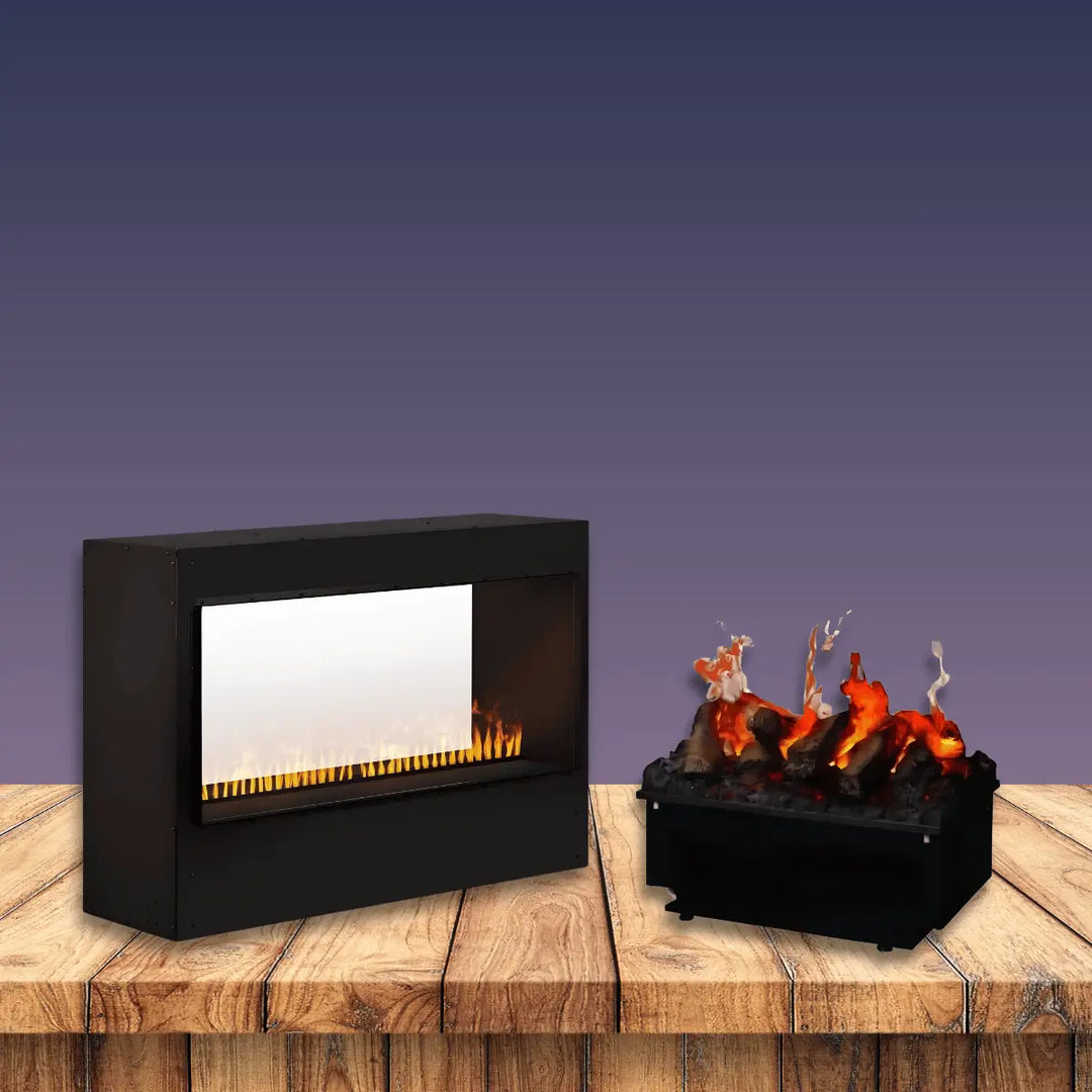 Dimplex Opti-Myst Pro electric fireplace collection with built-in fireboxes and realistic flame effects.
