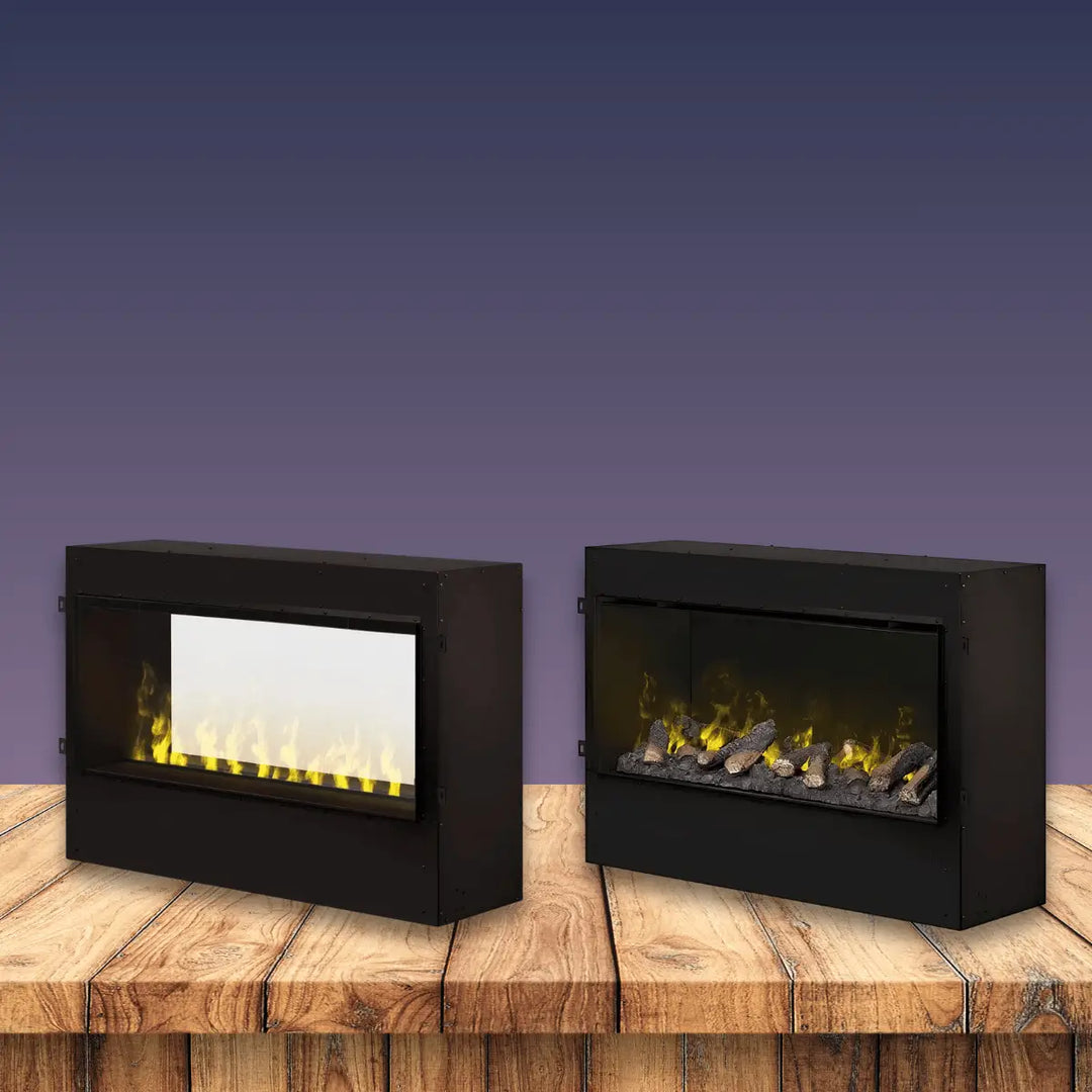 Dimplex Opti-Myst Series electric fireplace collection with realistic flame effects and modern built-in designs.