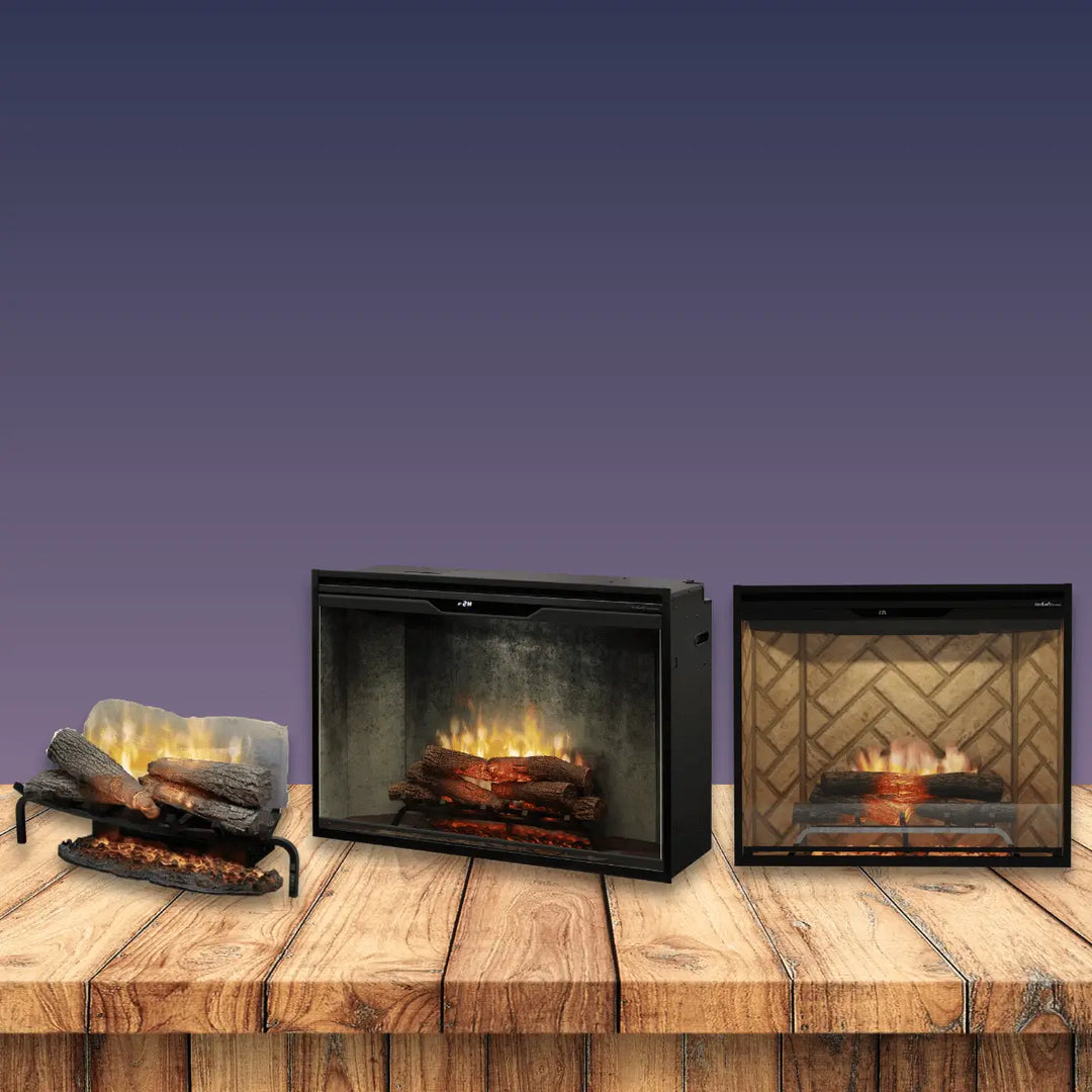Dimplex Revillusion Series electric fireplace collection with realistic log sets and built-in firebox designs.