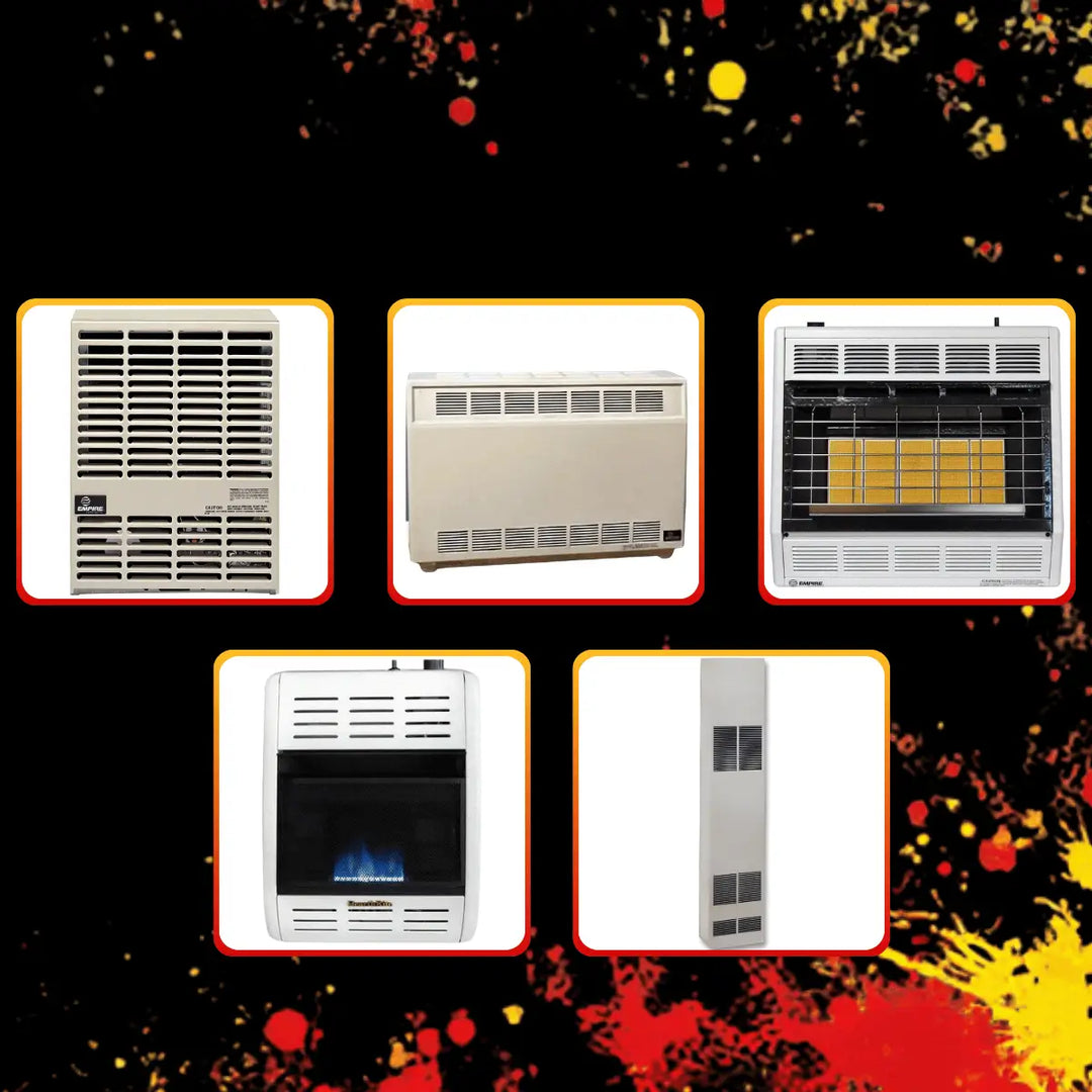 Empire Heating Systems Black Friday sale collection featuring multiple gas heaters including vent-free, blue flame, infrared, and wall furnace models displayed on a promotional background with festive sale design