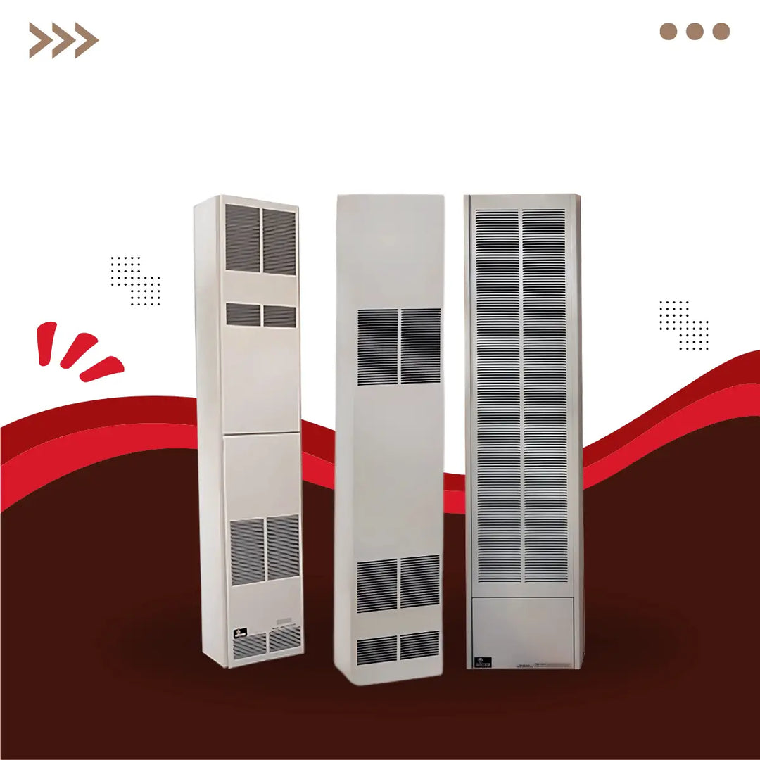 Empire Heating Systems B-vent counterflow wall furnace series featuring multiple tall wall-mounted gas heaters with front vent grilles, efficient vertical heating units for residential space heating