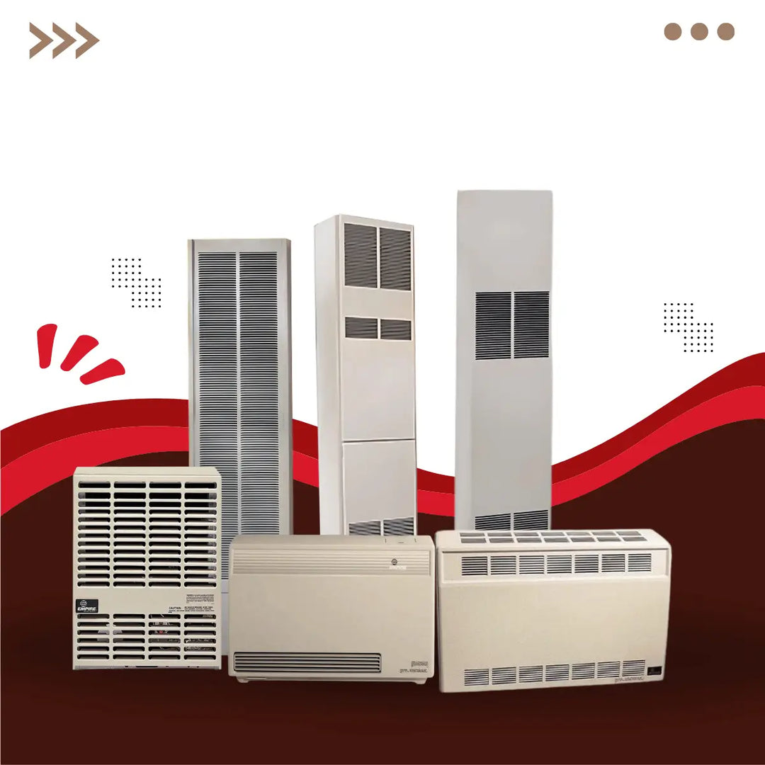 Empire Heating Systems direct-vent wall furnace series featuring multiple wall-mounted gas heaters in various sizes and styles, efficient vented heating solutions for residential indoor spaces