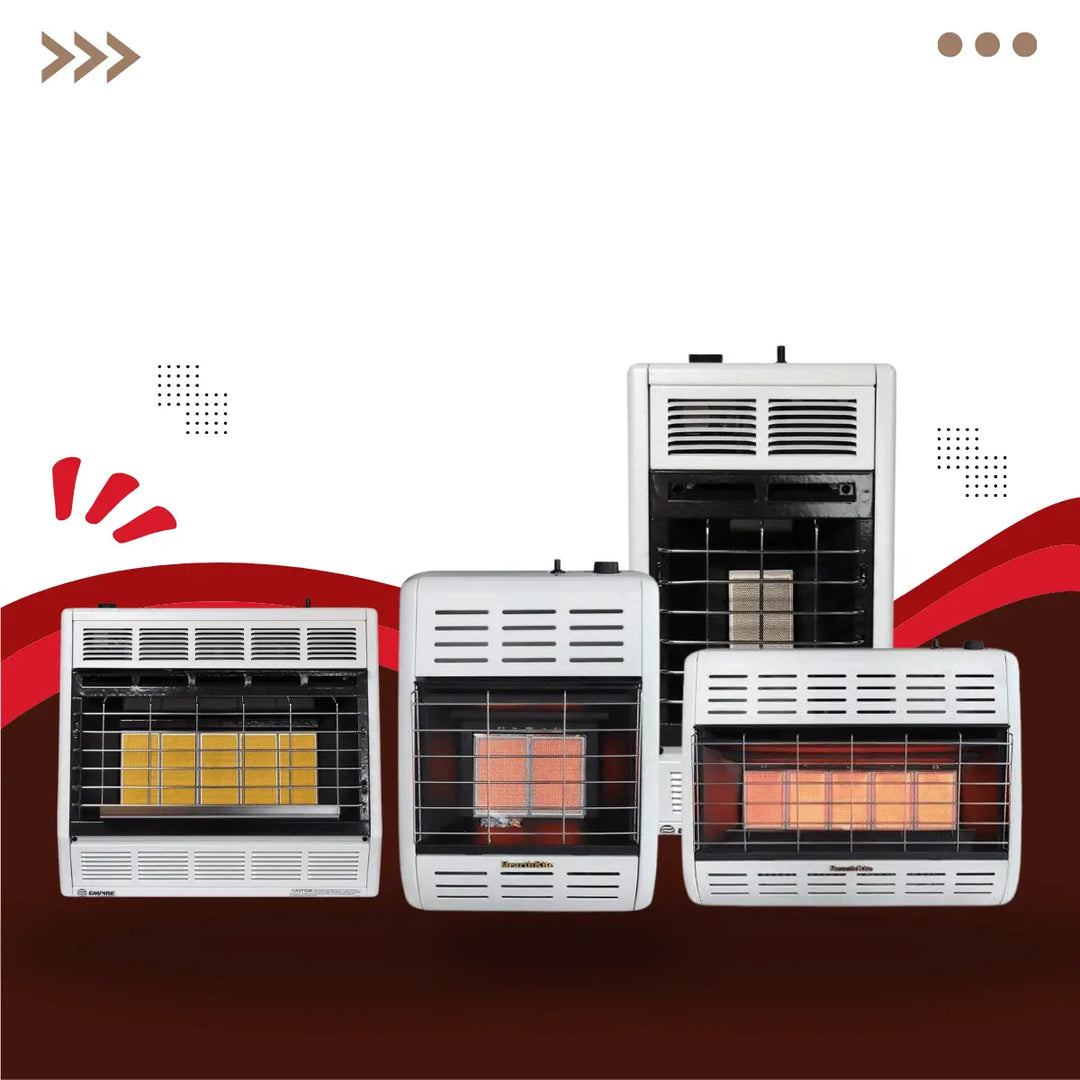Empire Heating Systems vent-free infrared heater series collection featuring multiple gas heaters with ceramic plaques, radiant heat panels, and protective grills, efficient indoor heating solutions for homes and garages