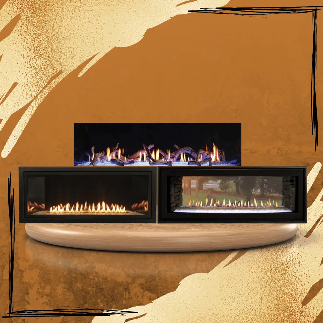 Empire White Mountain Hearth Boulevard Series linear gas fireplaces collection with wide glass fronts, modern flame displays, and decorative media, showcased on wooden platform with warm textured background.
