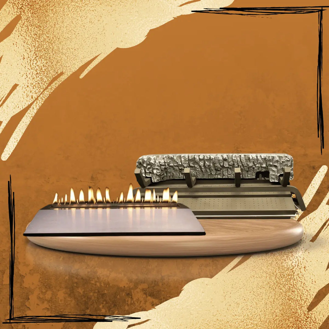 Empire White Mountain Hearth burner kits collection featuring linear gas burner and traditional log grate burner with realistic flames on display platform