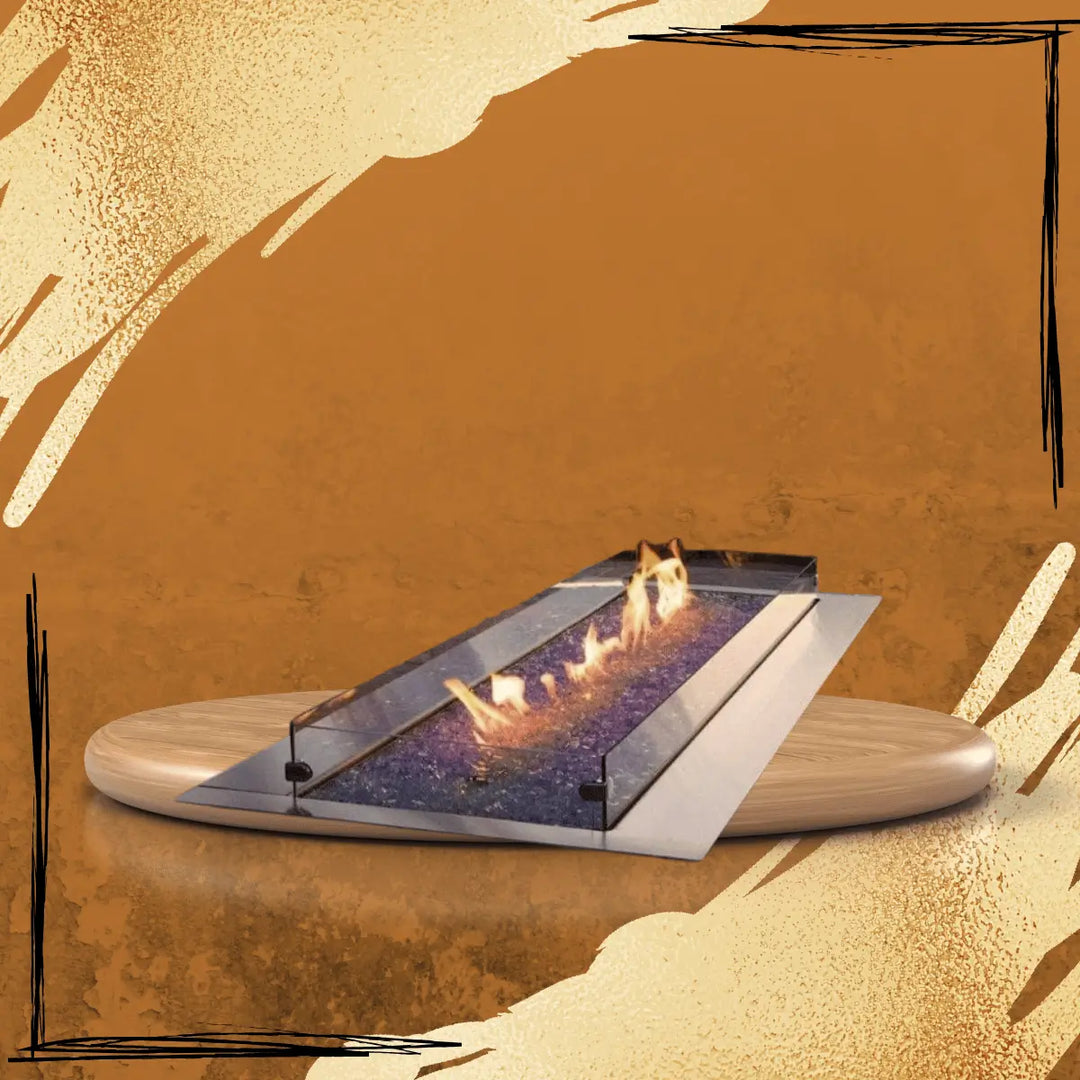 Empire White Mountain Hearth fire pits collection featuring modern rectangular gas fire pit with glass wind guard and linear flame on display platform