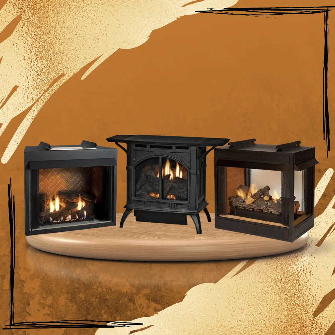Empire White Mountain Hearth Fireplaces Collection featuring built-in, freestanding stove, and multi-sided gas fireplaces with realistic flames and log sets on display platform
