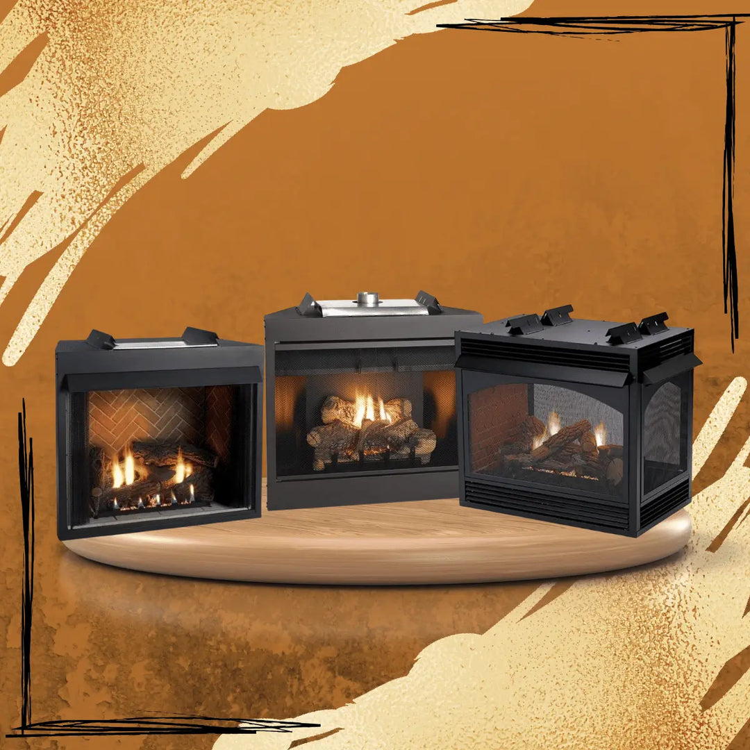 Empire White Mountain Hearth Gas Fireplaces Collection with three black gas fireplace units featuring realistic log flames, including built-in, front-facing, and corner designs on display platform