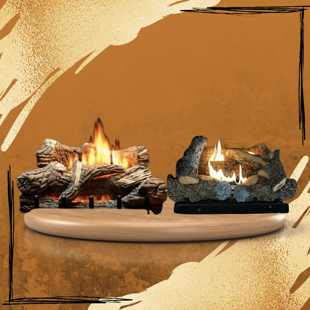 Empire White Mountain Hearth gas log sets collection featuring realistic ceramic logs with glowing embers and natural flame patterns on display platform