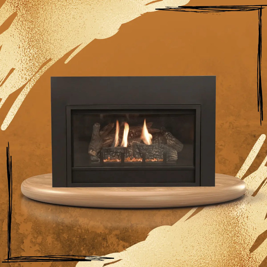 Empire White Mountain Hearth Innsbrook Series gas fireplace insert with black frame, realistic log set, glowing embers, and flames, displayed on wooden platform with warm textured background.