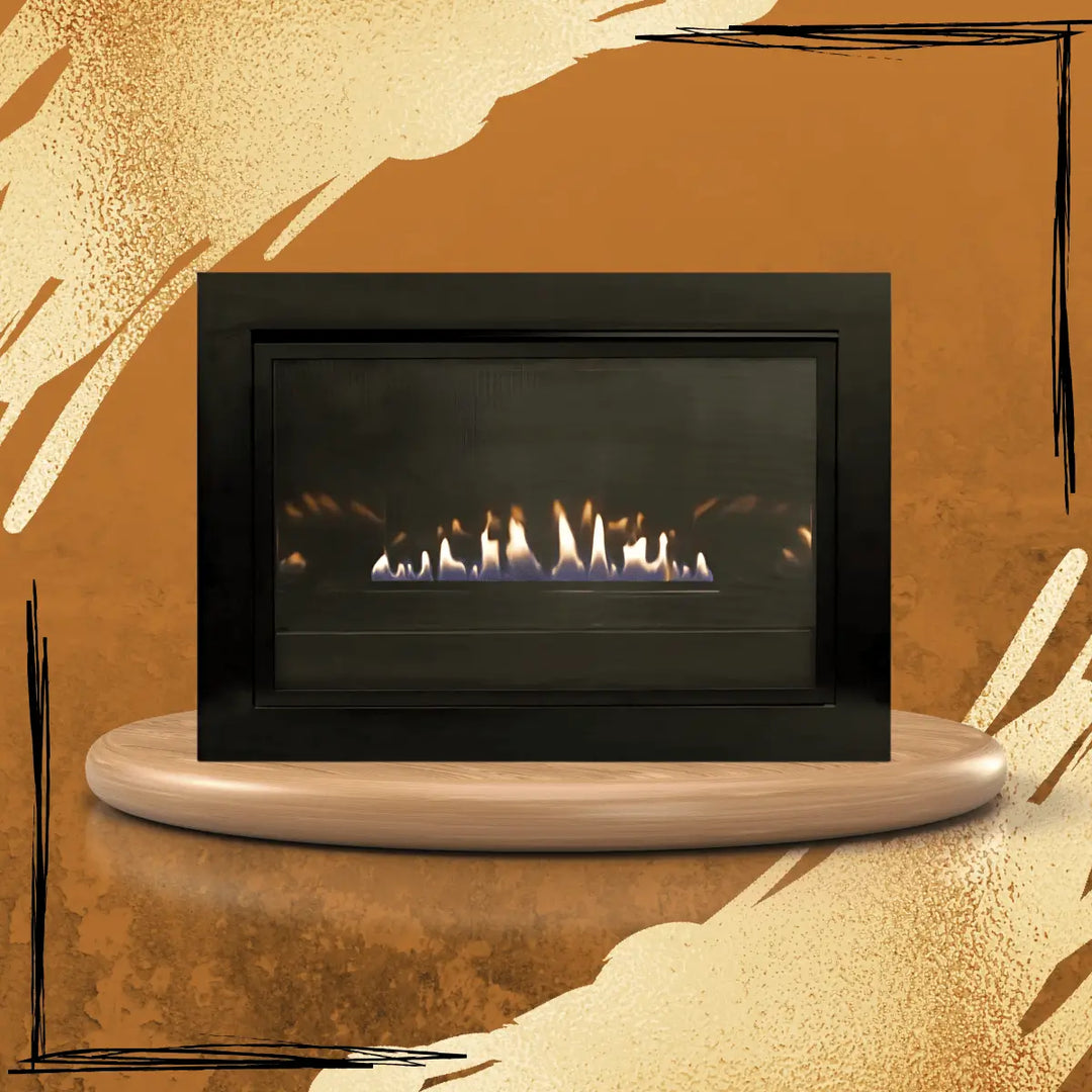 Empire White Mountain Hearth Loft Series linear gas fireplace with black frame, wide glass front, and modern flame display, showcased on wooden platform with warm textured background.