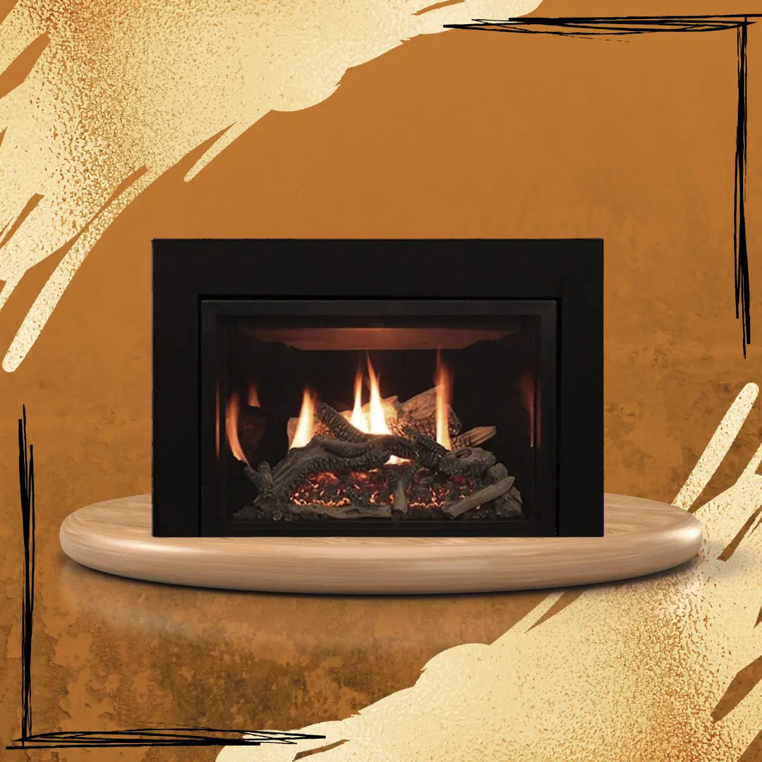 Empire White Mountain Hearth Rushmore Series gas fireplace with realistic flames and log set, partially visible in abstract artistic composition with warm colors and decorative textures.