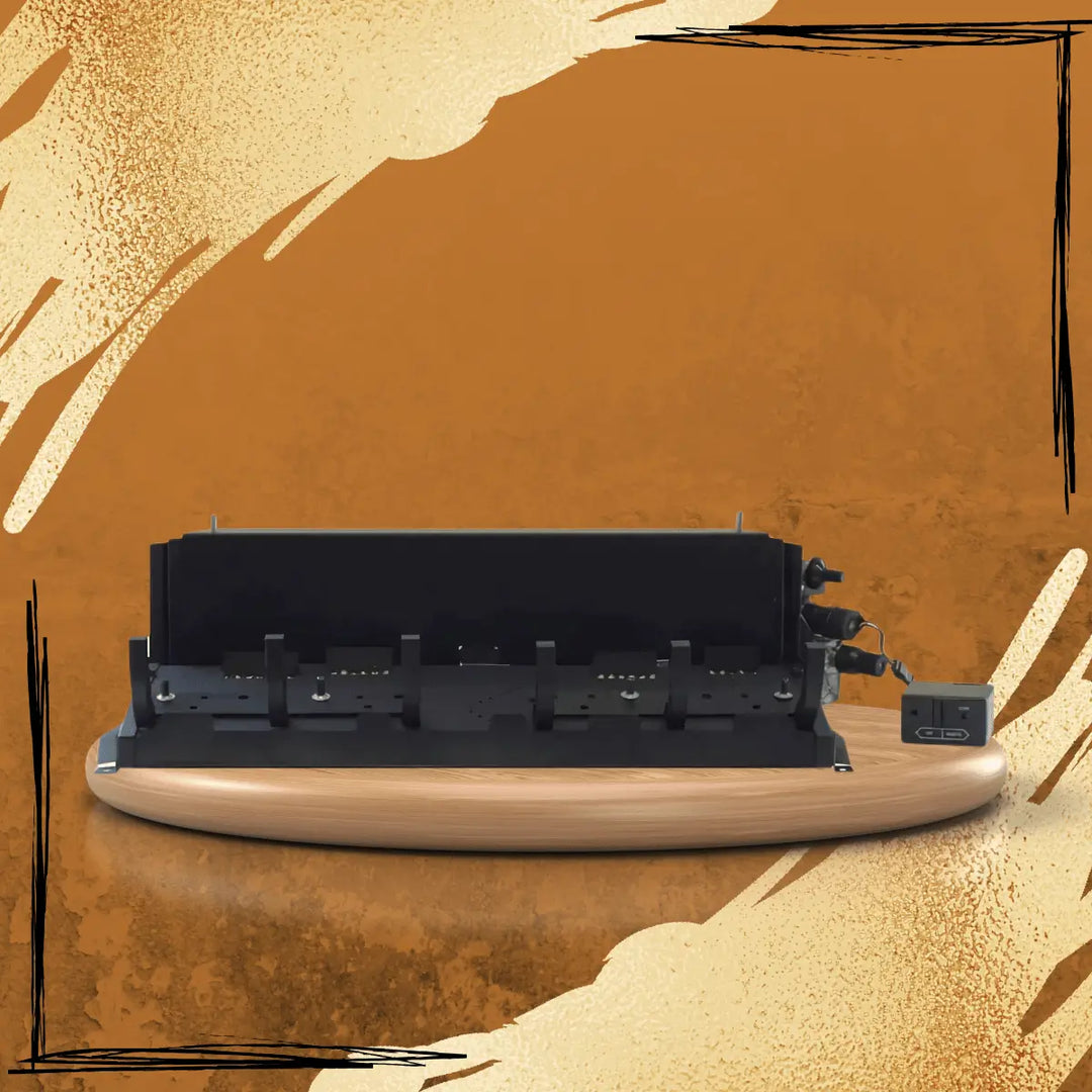 Empire White Mountain Hearth Slope Glaze burner system with multi-port gas assembly and control module, displayed on wooden platform with warm textured background for fireplace installation.