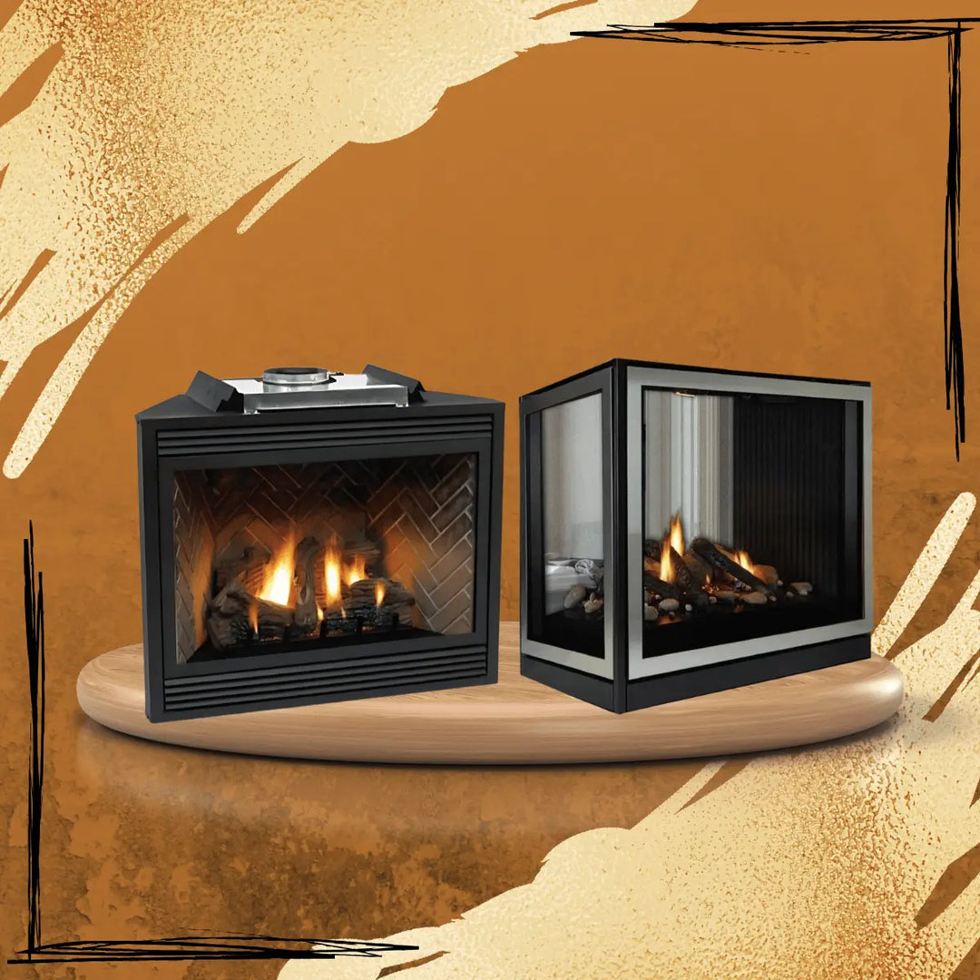 Empire White Mountain Hearth Tahoe Series gas fireplaces featuring traditional and see-through modern designs collection with realistic log flames on a display platform