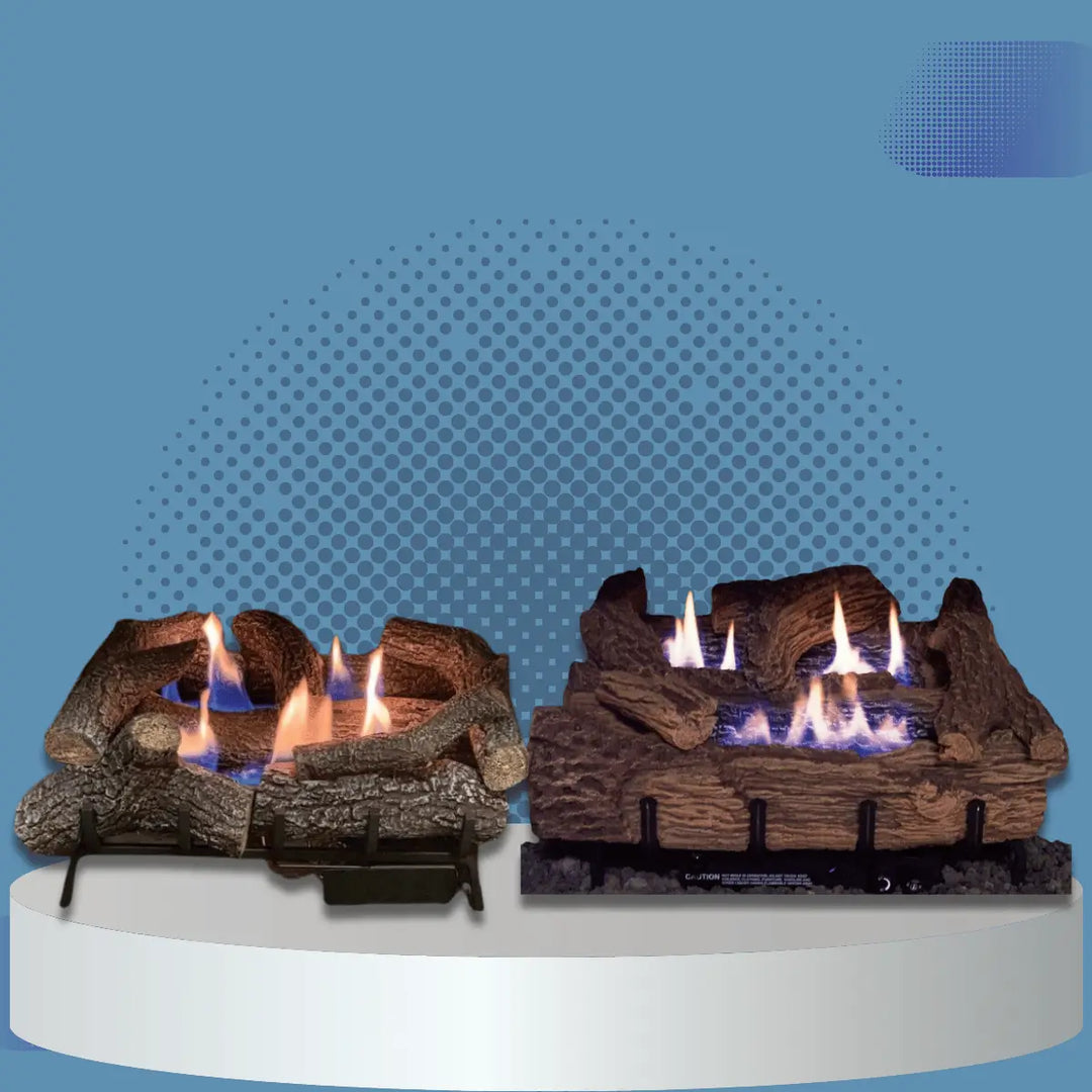Everwarm gas burners collection with realistic ceramic log sets and blue flames for indoor fireplace heating and ambiance.