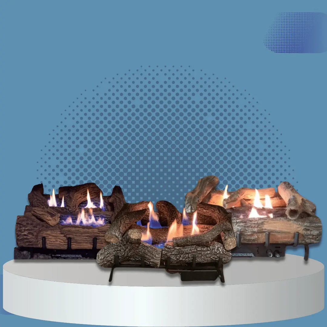 Everwarm gas log sets collection with realistic ceramic logs and natural flame display for indoor fireplace heating and ambiance.