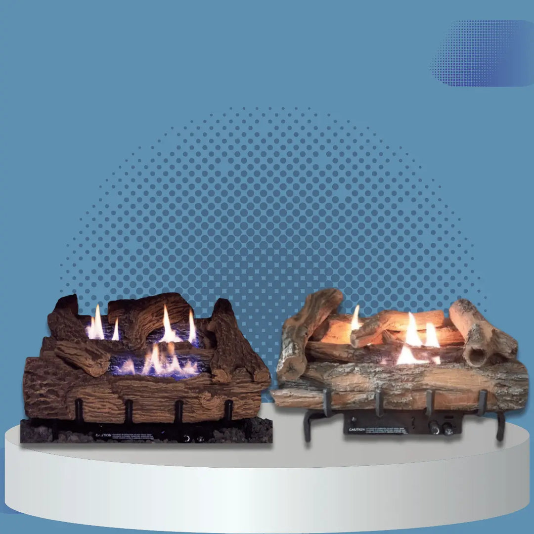 Everwarm log sets collection with realistic ceramic logs and glowing gas flames for indoor fireplace warmth and ambiance.