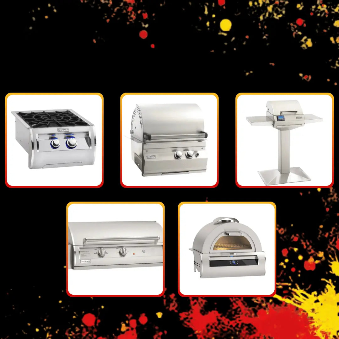 Fire Magic Black Friday Edition sale collection featuring stainless steel side burner, compact gas grill, pedestal grill, flat-top griddle, and outdoor pizza oven displayed on a bold festive black background with red and yellow accents.