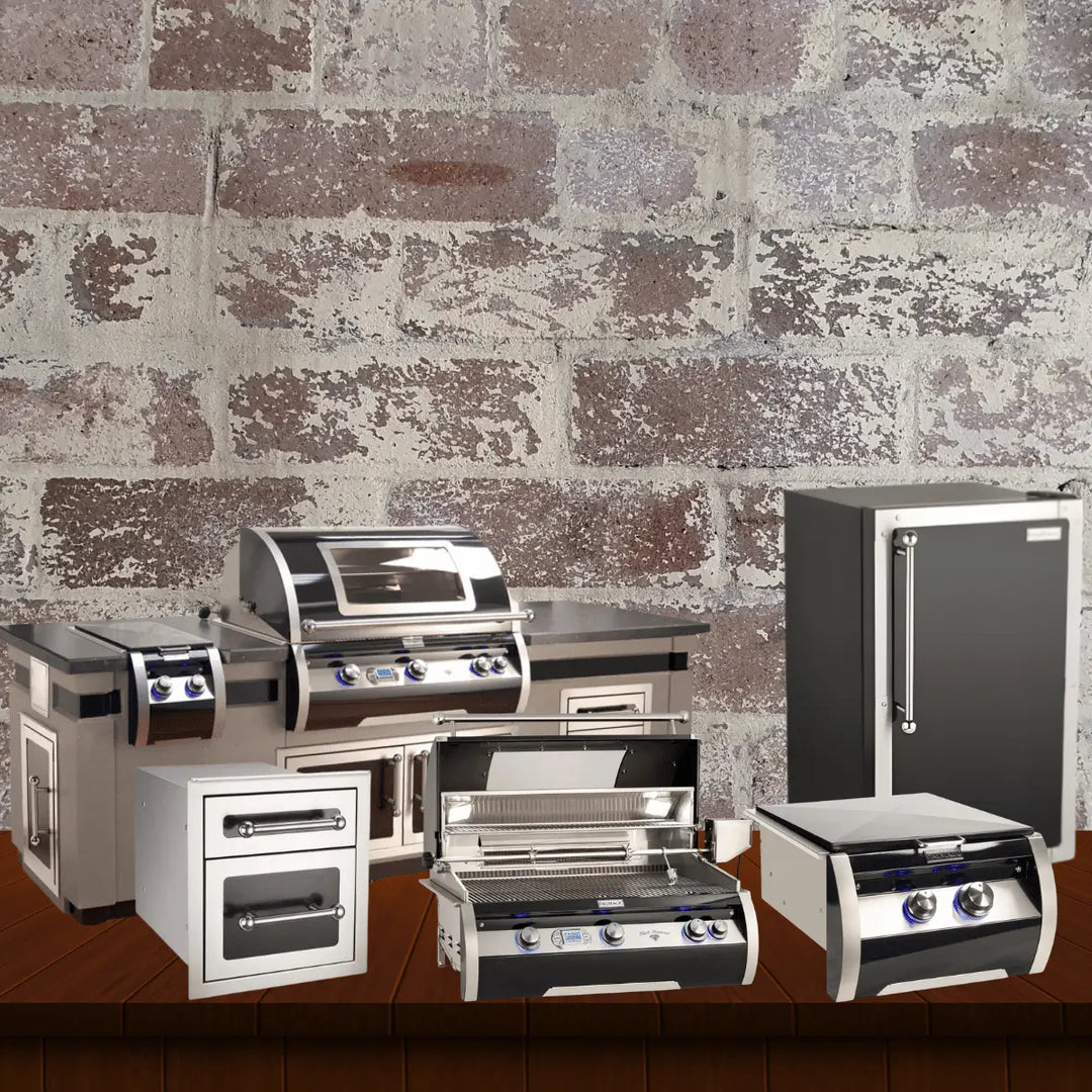 Fire Magic Black Diamond collection featuring premium stainless steel built-in grill, portable grill, outdoor kitchen components, side burner, and compact refrigerator set against a rustic brick wall background.