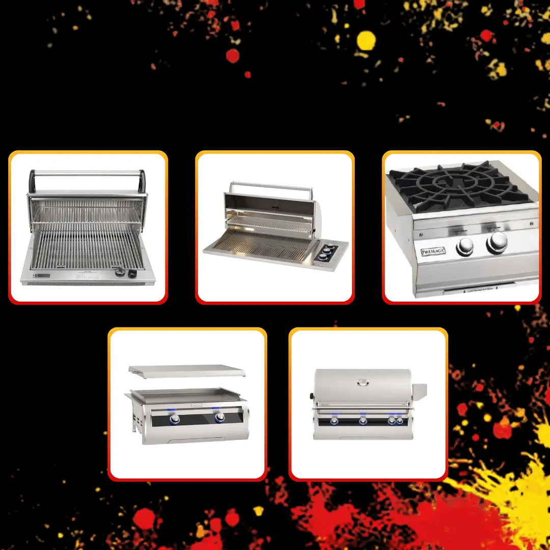 Fire Magic Black Friday collection featuring stainless steel side burner, compact gas grill, pedestal grill, flat-top griddle, and outdoor pizza oven on a festive black background with red and yellow splatter accents.