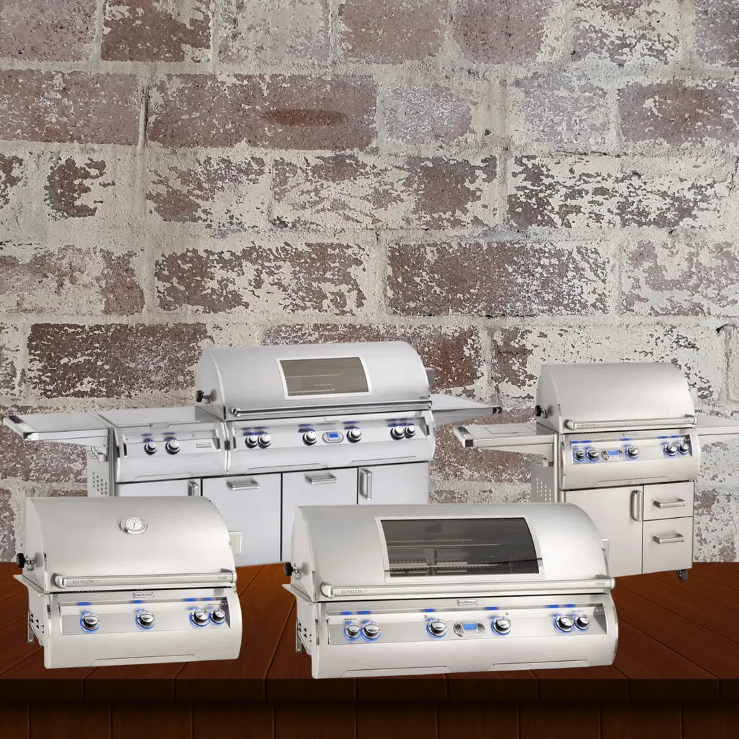 Fire Magic Echelon Diamond Series gas grills collection featuring high-end stainless steel grills, including built-in and freestanding models with multiple burners, side shelves, and digital controls, displayed against a rustic brick wall background.