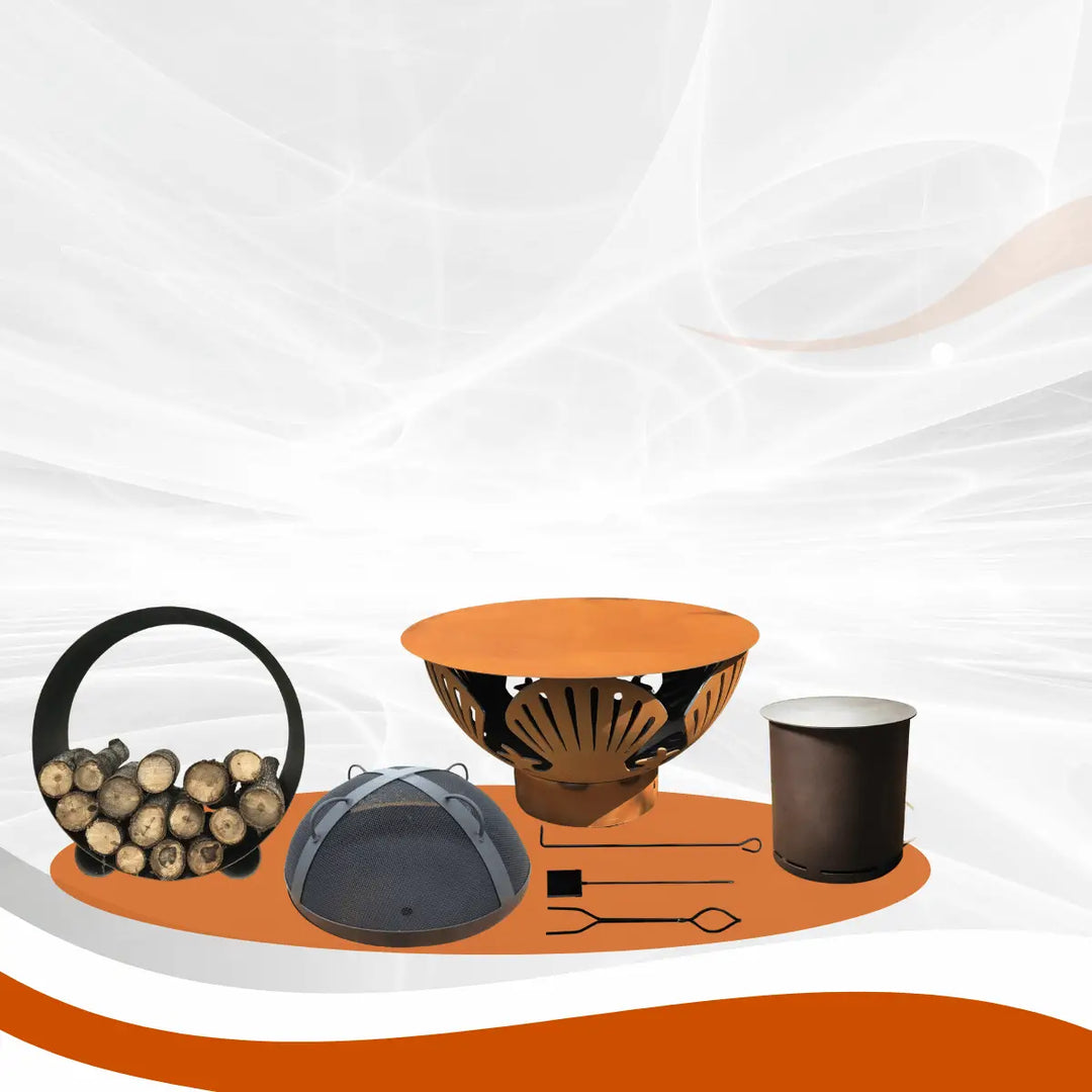 Fire Pit Art accessories collection with fire pit, log holder, spark screen, ash bucket, and fireplace tools in modern setup
