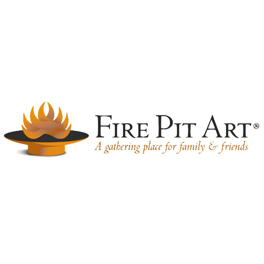 Fire Pit Art logo with flame icon and tagline about gathering place for family and friends on clean white background.