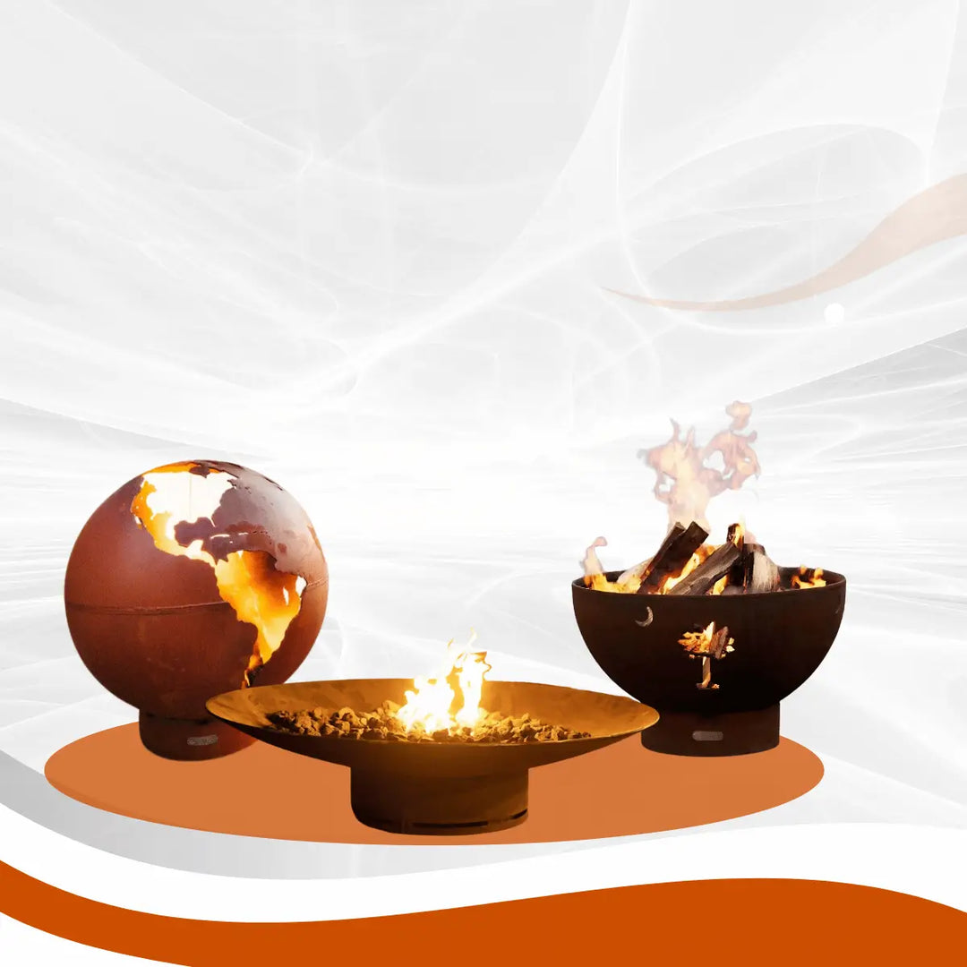 Fire Pit Art fire bowls collection with globe fire pit, round wood-burning bowl, and modern outdoor fire feature designs.