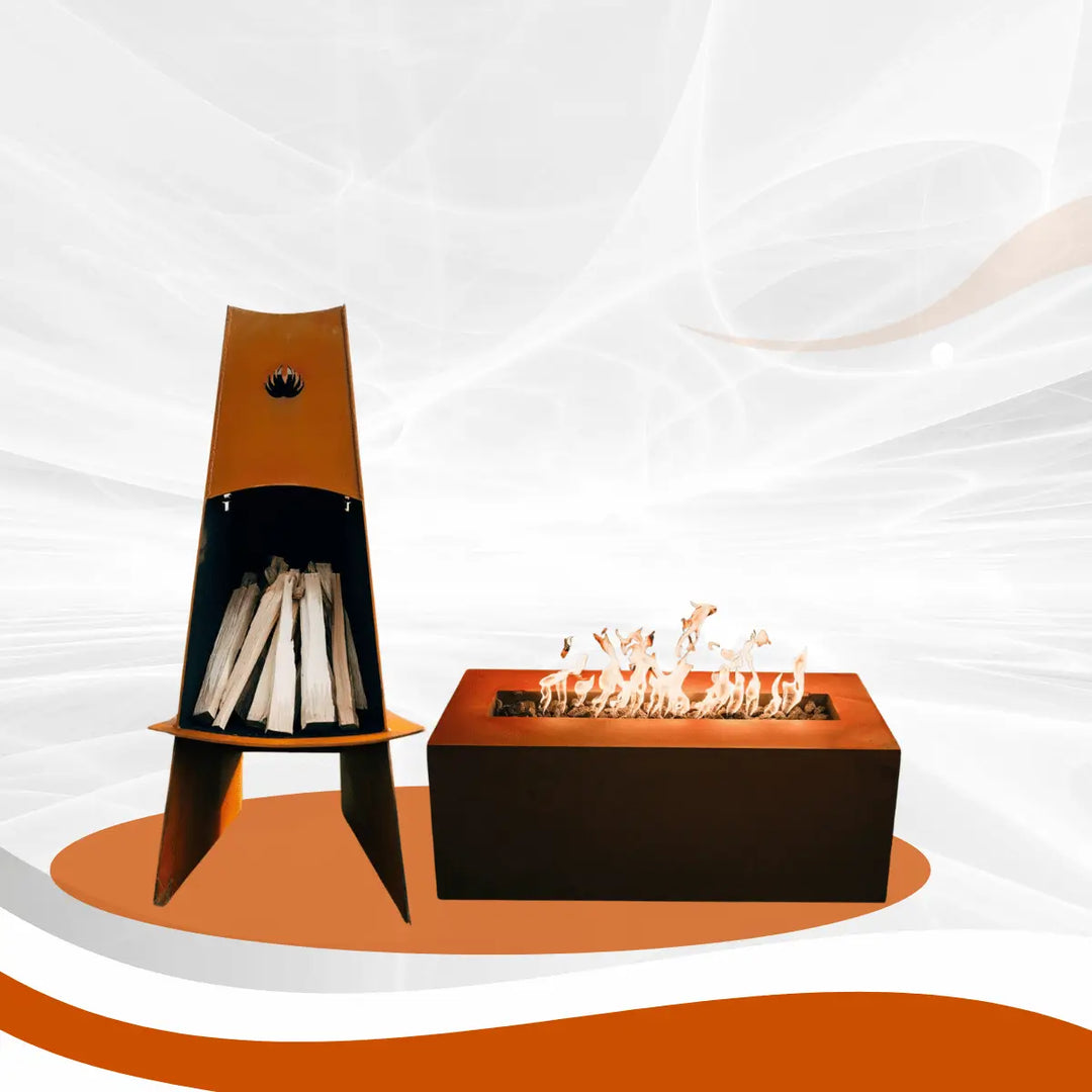 Fire Pit Art fire pits collection with modern outdoor fireplace and rectangular gas fire pit table in clean contemporary setting.